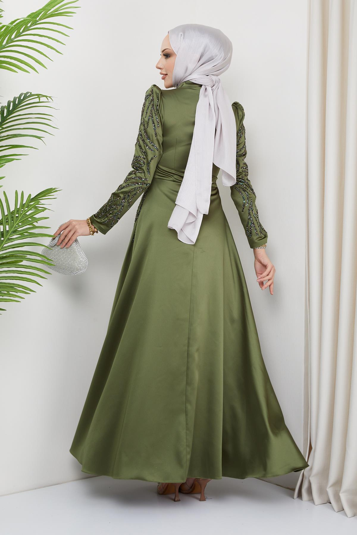 Satin Evening Dress with Sequin and Stone Details on the Front and Sleeves LIGHT GREEN 1660