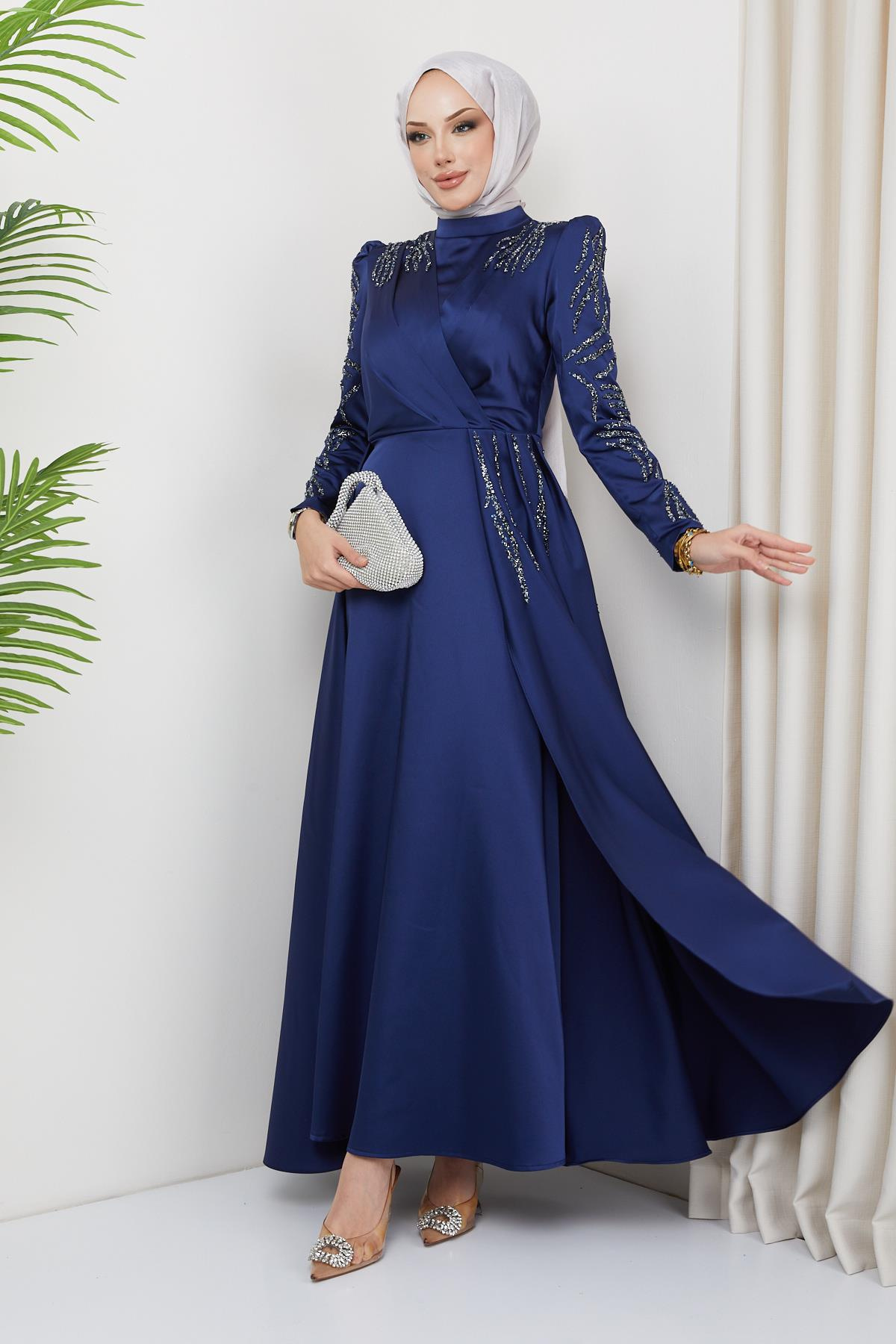 Satin Evening Dress with Sequin and Stone Details on the Front and Sleeves NAVY 1660
