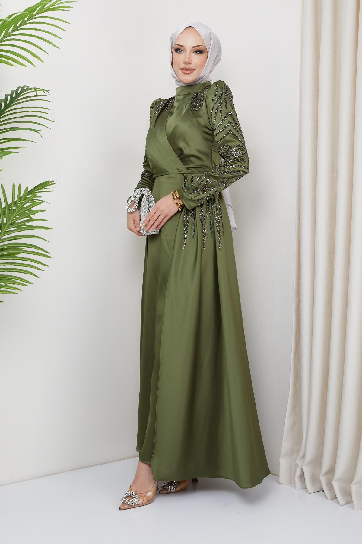 Satin Evening Dress with Sequin and Stone Details on the Front and Sleeves LIGHT GREEN 1660