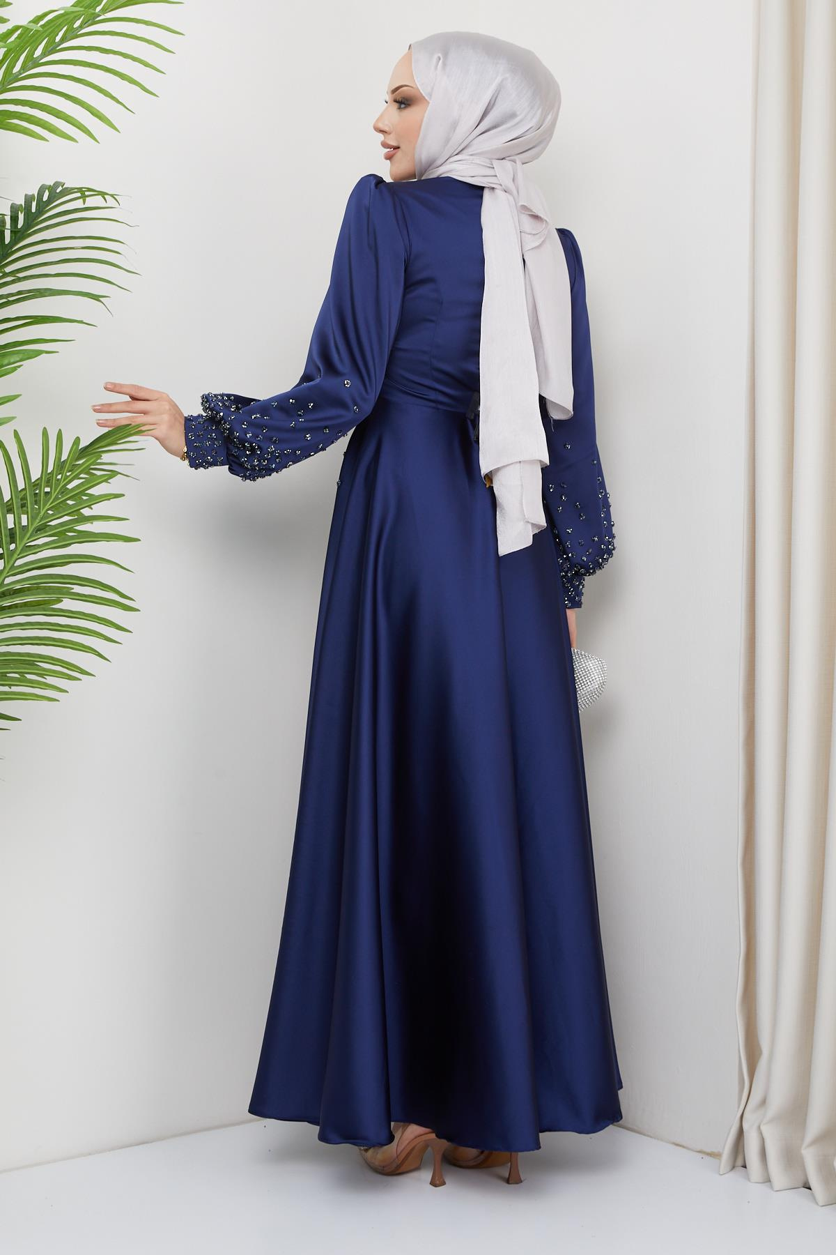 Satin Evening Dress with Scattered Stone Detail on the Front and Sleeves NAVY 1658