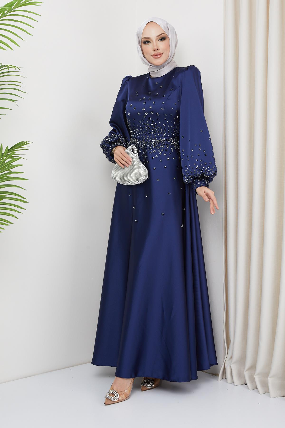 Satin Evening Dress with Scattered Stone Detail on the Front and Sleeves NAVY 1658