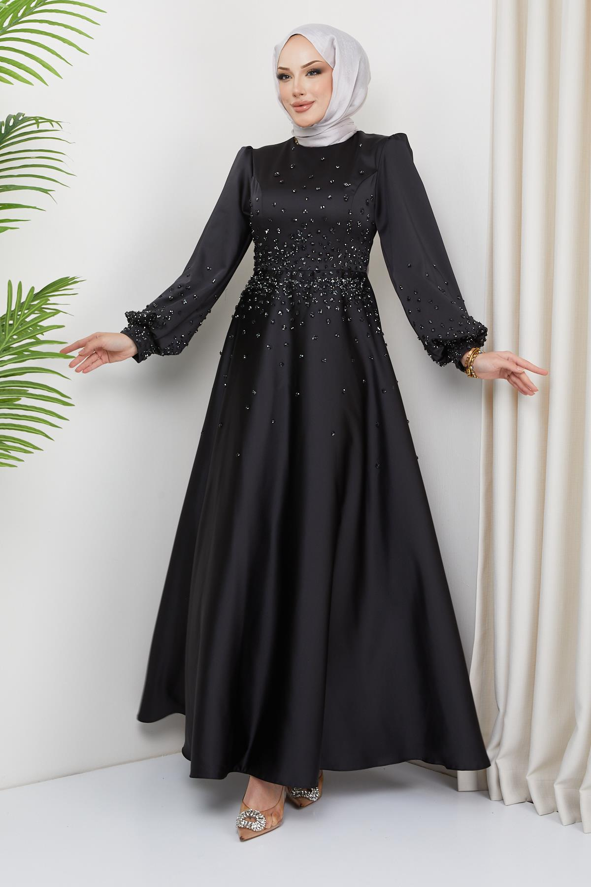 Satin Evening Dress with Scattered Stone Detail on the Front and Sleeves BLACK 1658