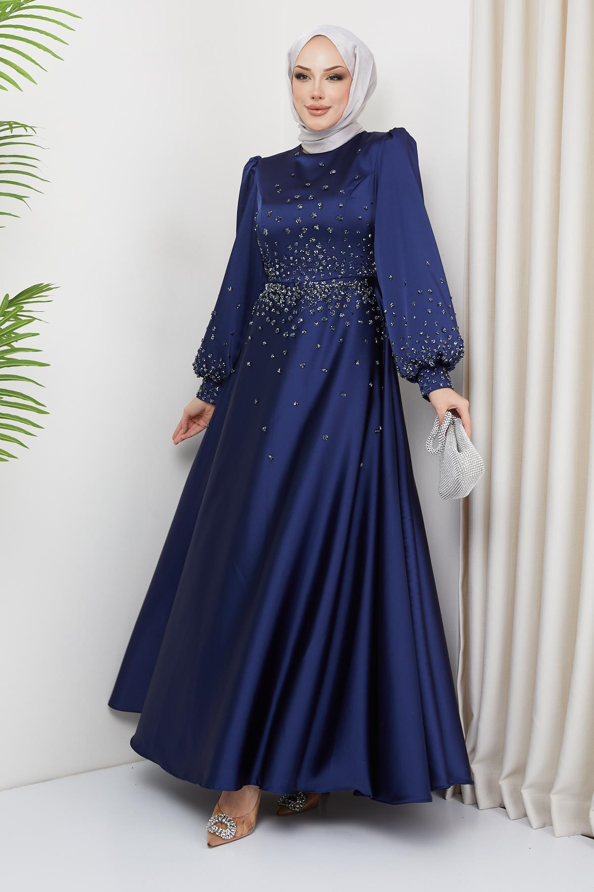 Satin Evening Dress with Scattered Stone Detail on the Front and Sleeves NAVY 1658