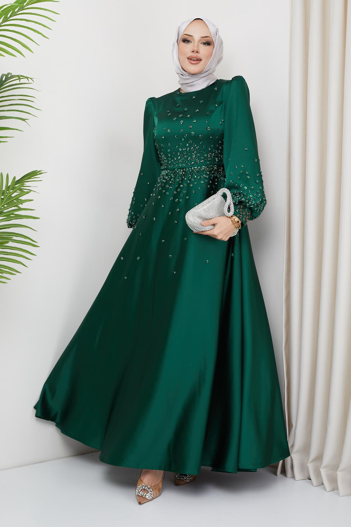 Satin Evening Dress with Scattered Stone Detail on the Front and Sleeves GREEN 1658