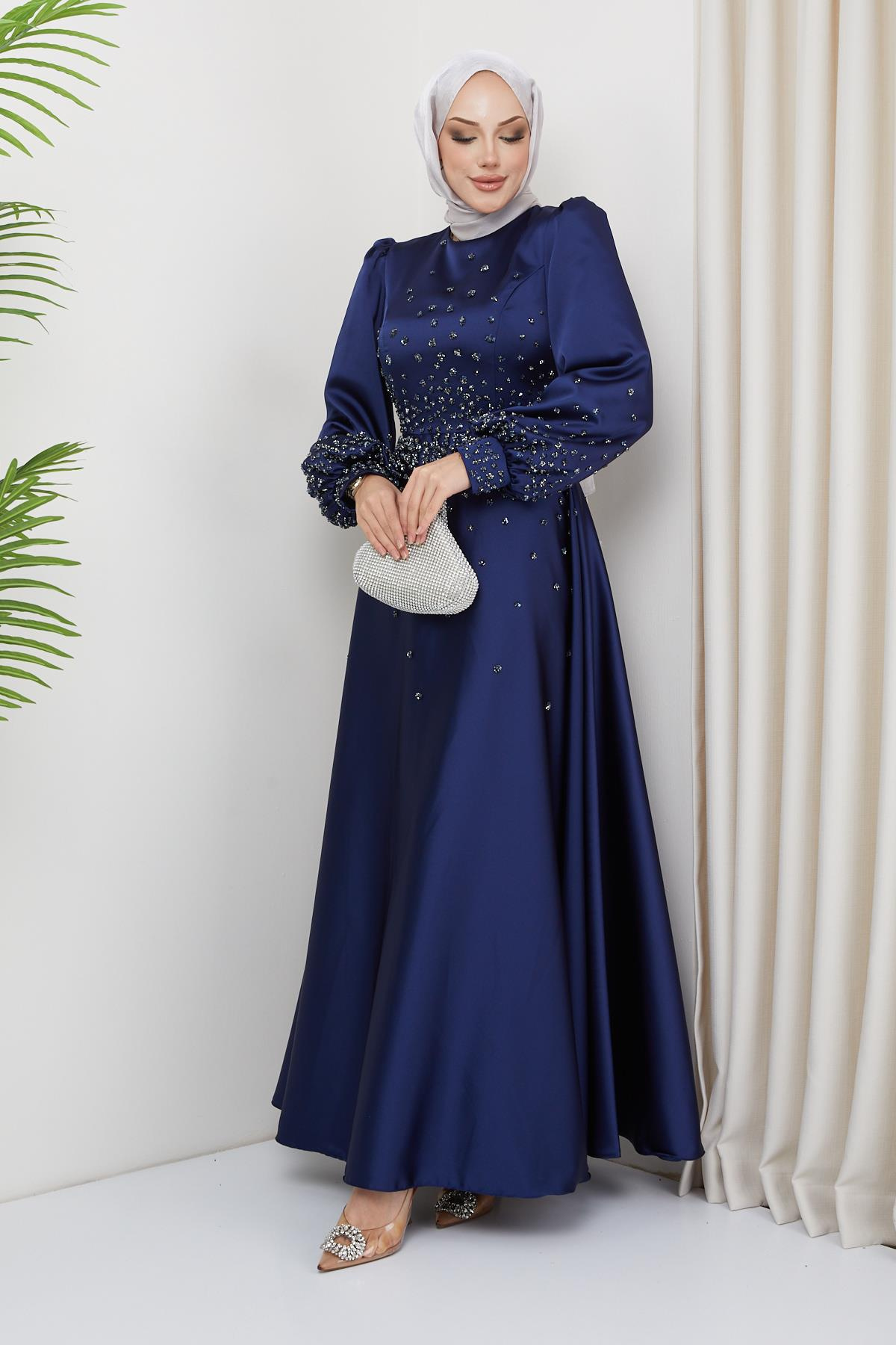 Satin Evening Dress with Scattered Stone Detail on the Front and Sleeves NAVY 1658