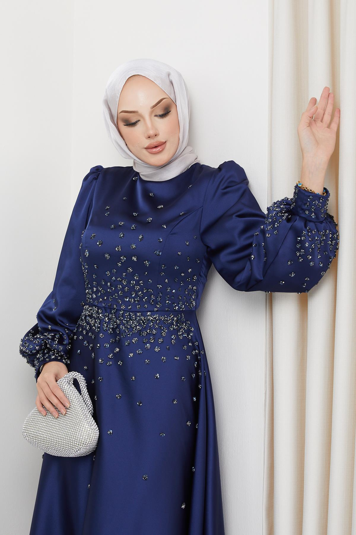 Satin Evening Dress with Scattered Stone Detail on the Front and Sleeves NAVY 1658
