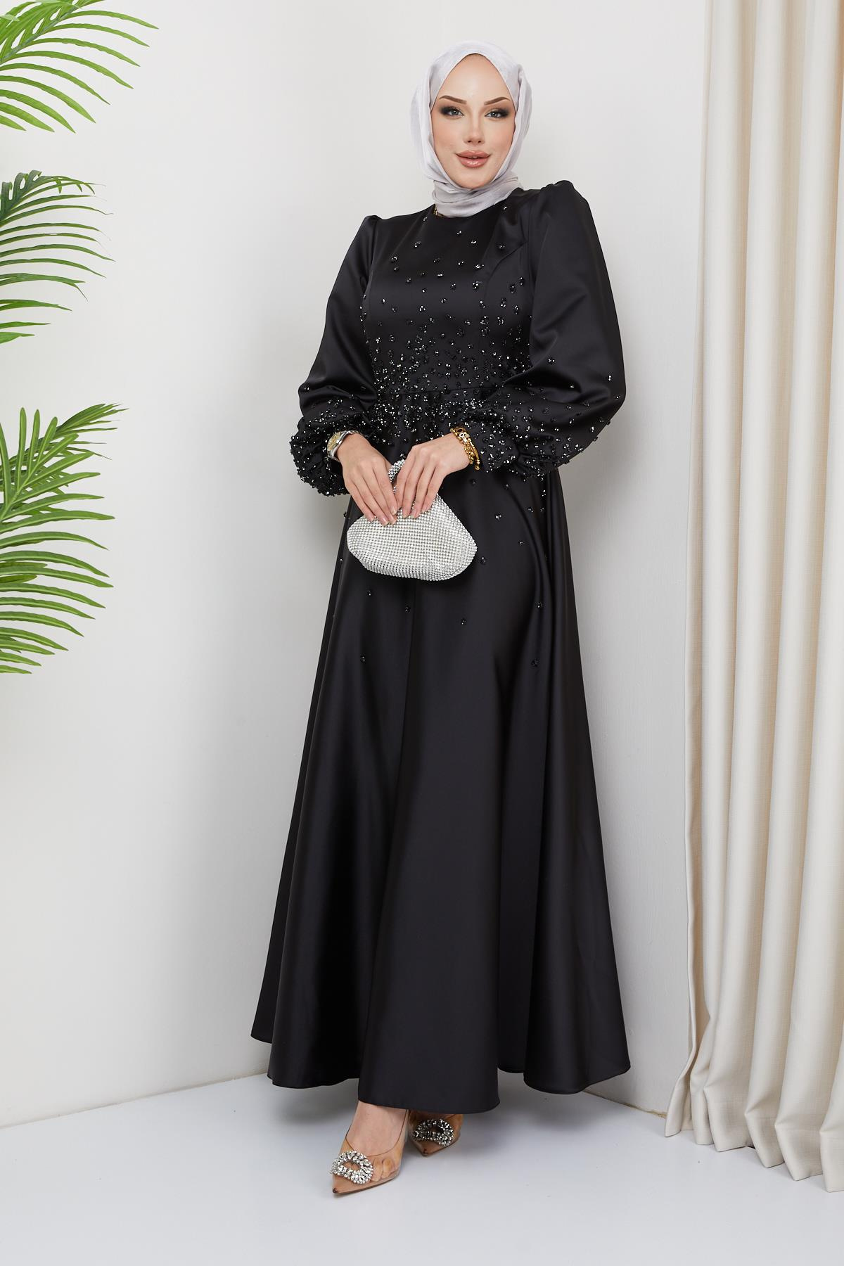 Satin Evening Dress with Scattered Stone Detail on the Front and Sleeves BLACK 1658