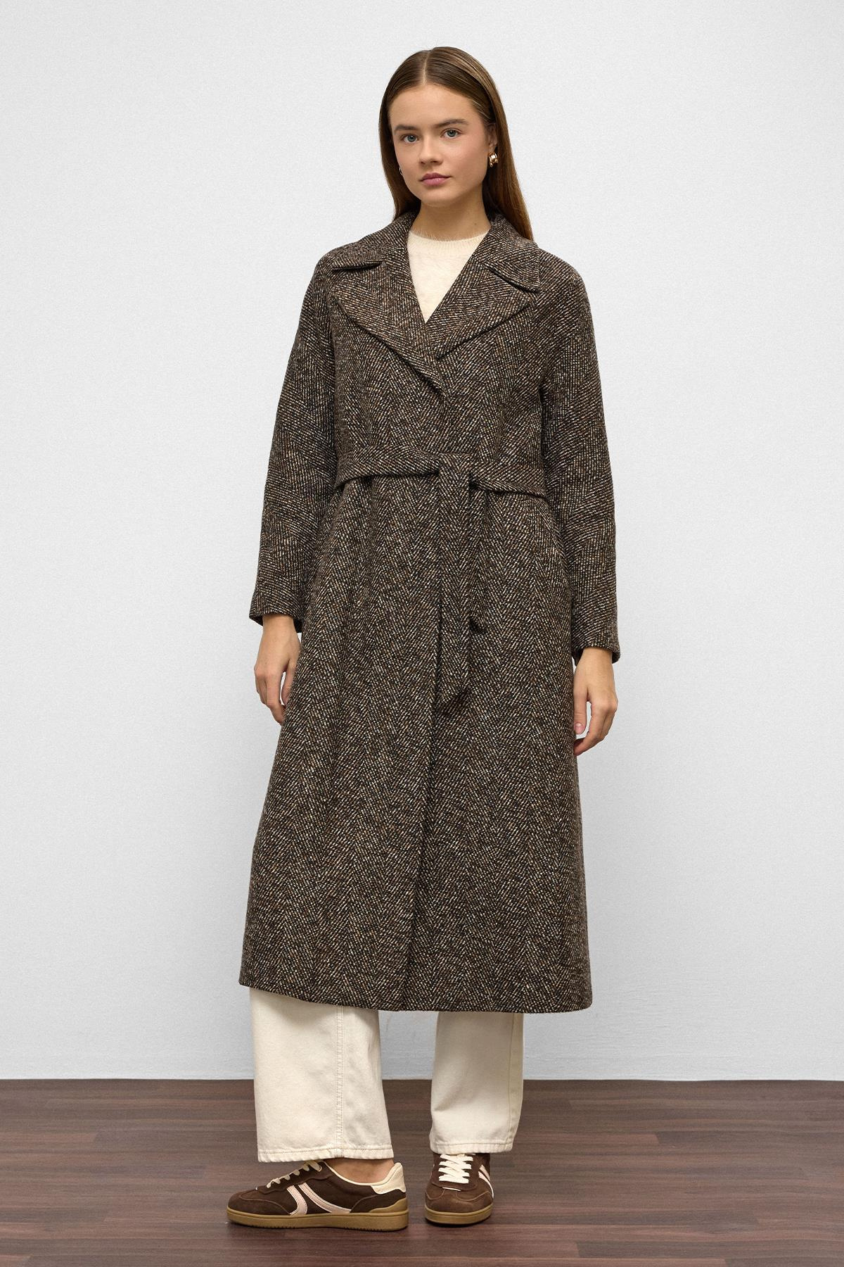Oversize Snap Closure Herringbone Pattern Mid-Length Coat COFFEE 3035