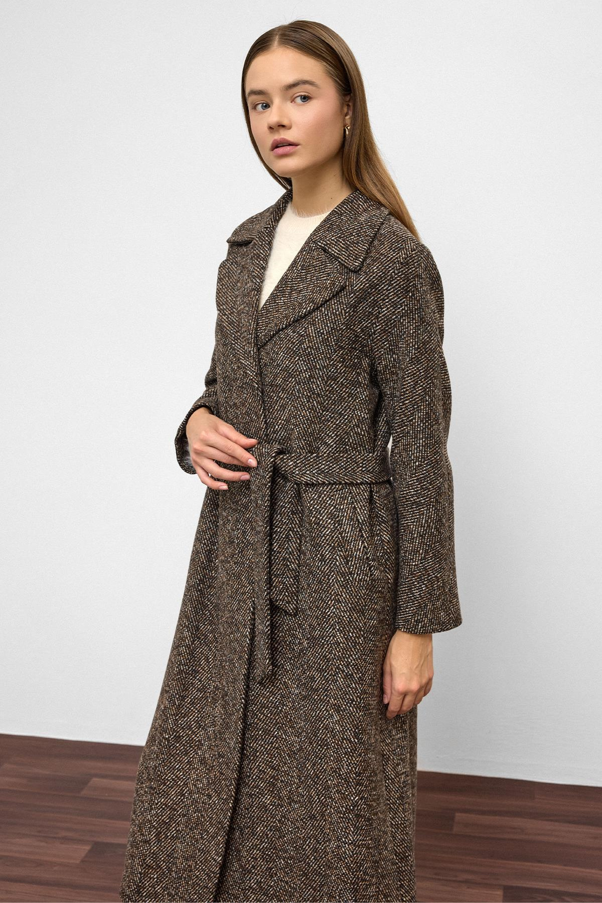 Oversize Snap Closure Herringbone Pattern Mid-Length Coat COFFEE 3035