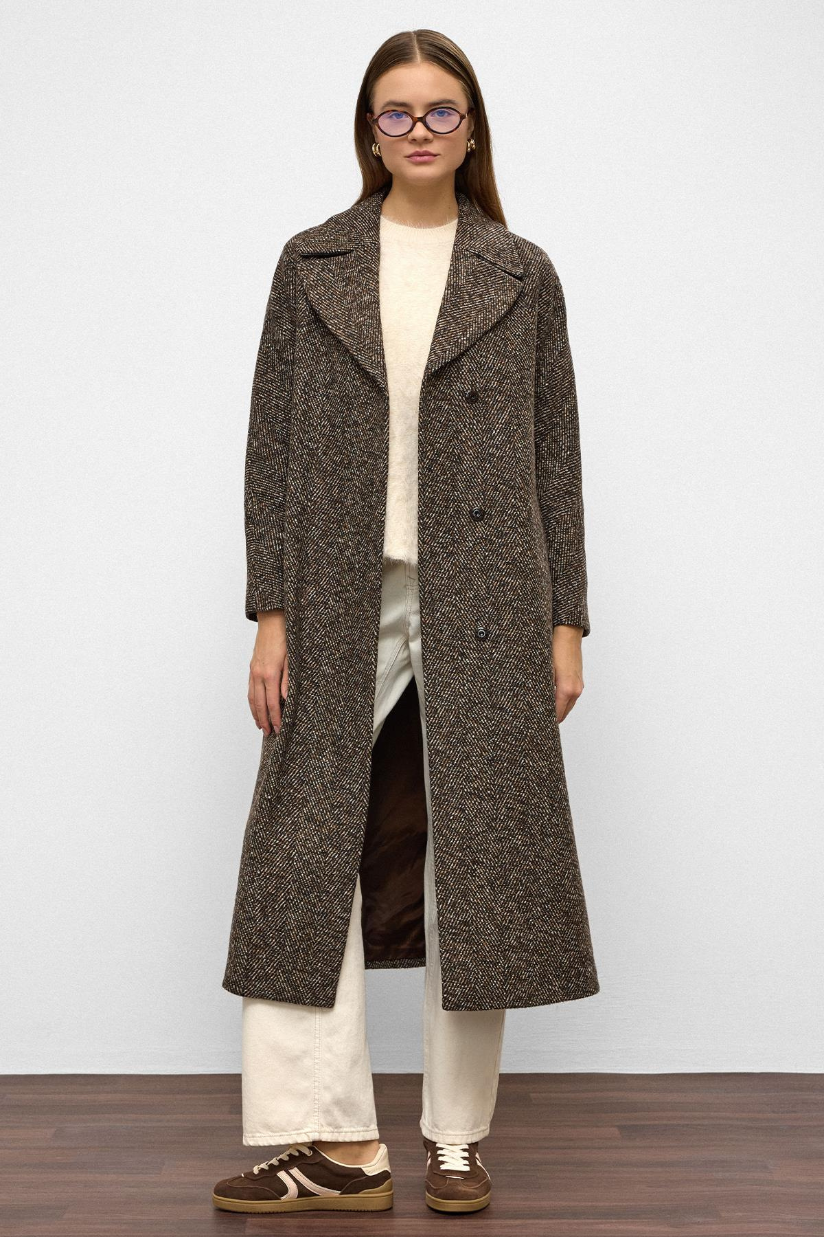 Oversize Snap Closure Herringbone Pattern Mid-Length Coat COFFEE 3035