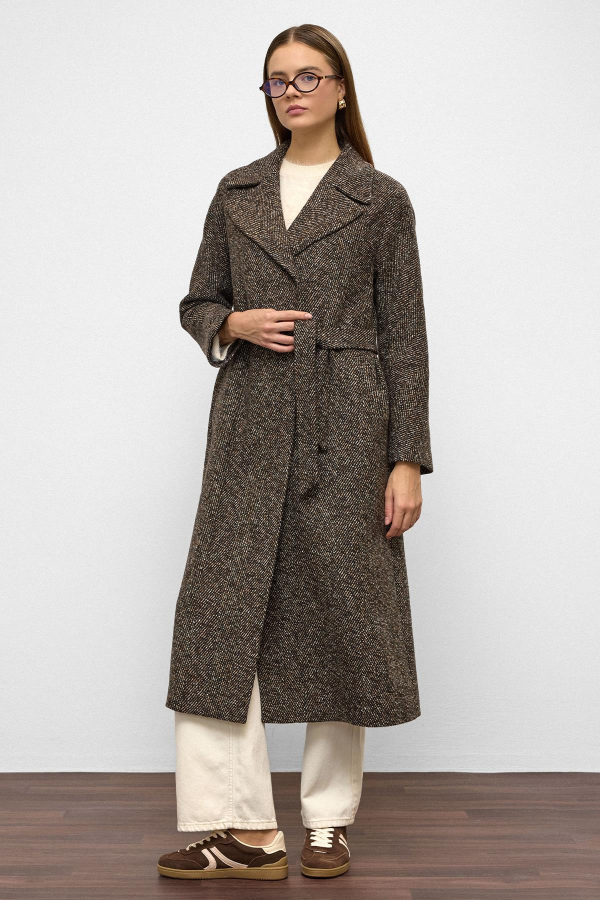 Oversize Snap Closure Herringbone Pattern Mid-Length Coat COFFEE 3035