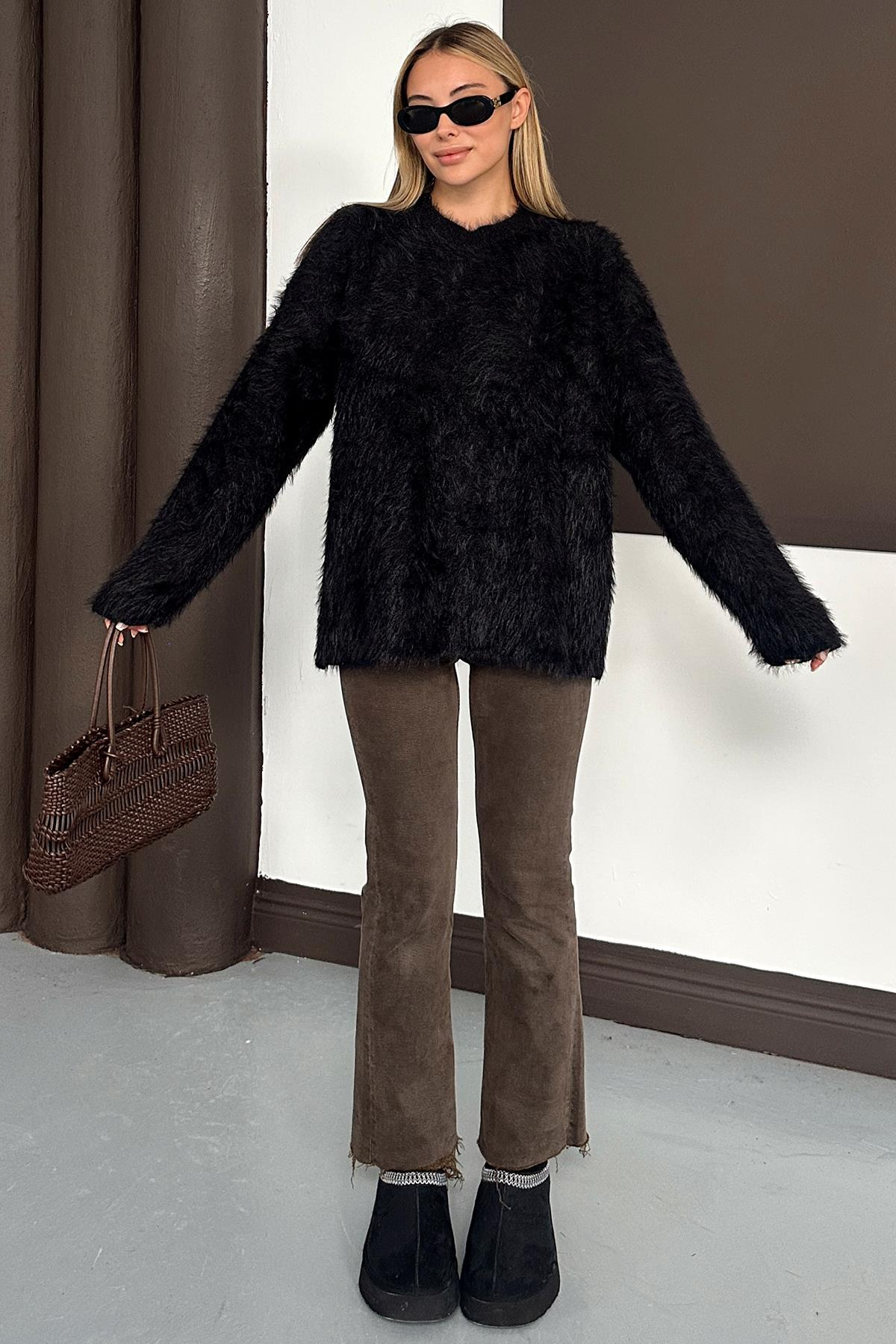 Oversize Tüylü Soft Kazak SİYAH 8270