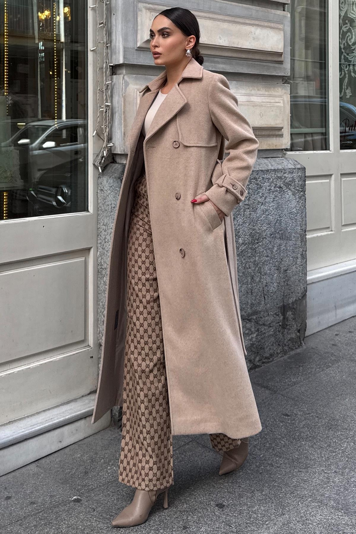 Double-Breasted Coat with Cape Detail BEIGE 3091