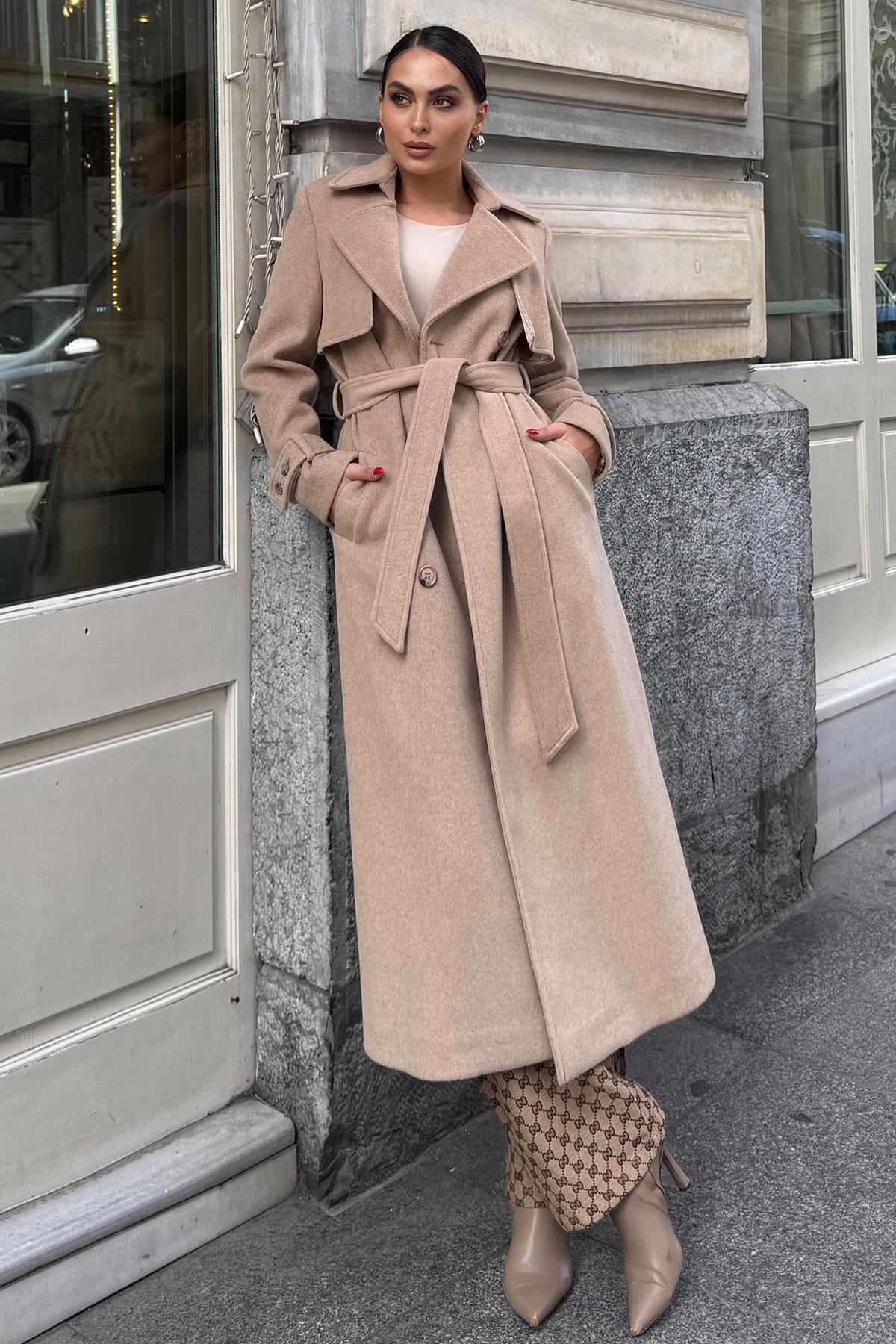 Double-Breasted Coat with Cape Detail BEIGE 3091