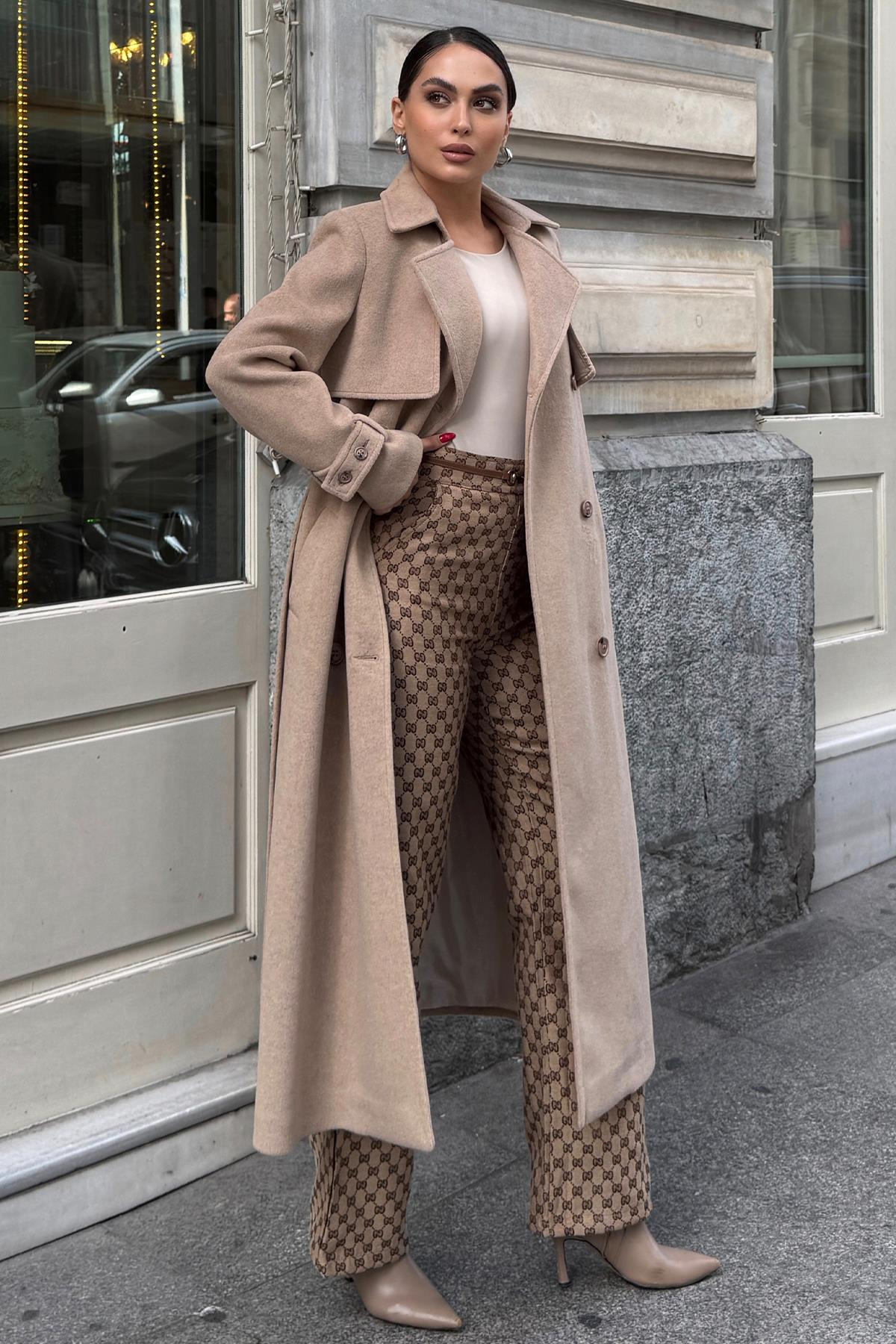 Double-Breasted Coat with Cape Detail BEIGE 3091