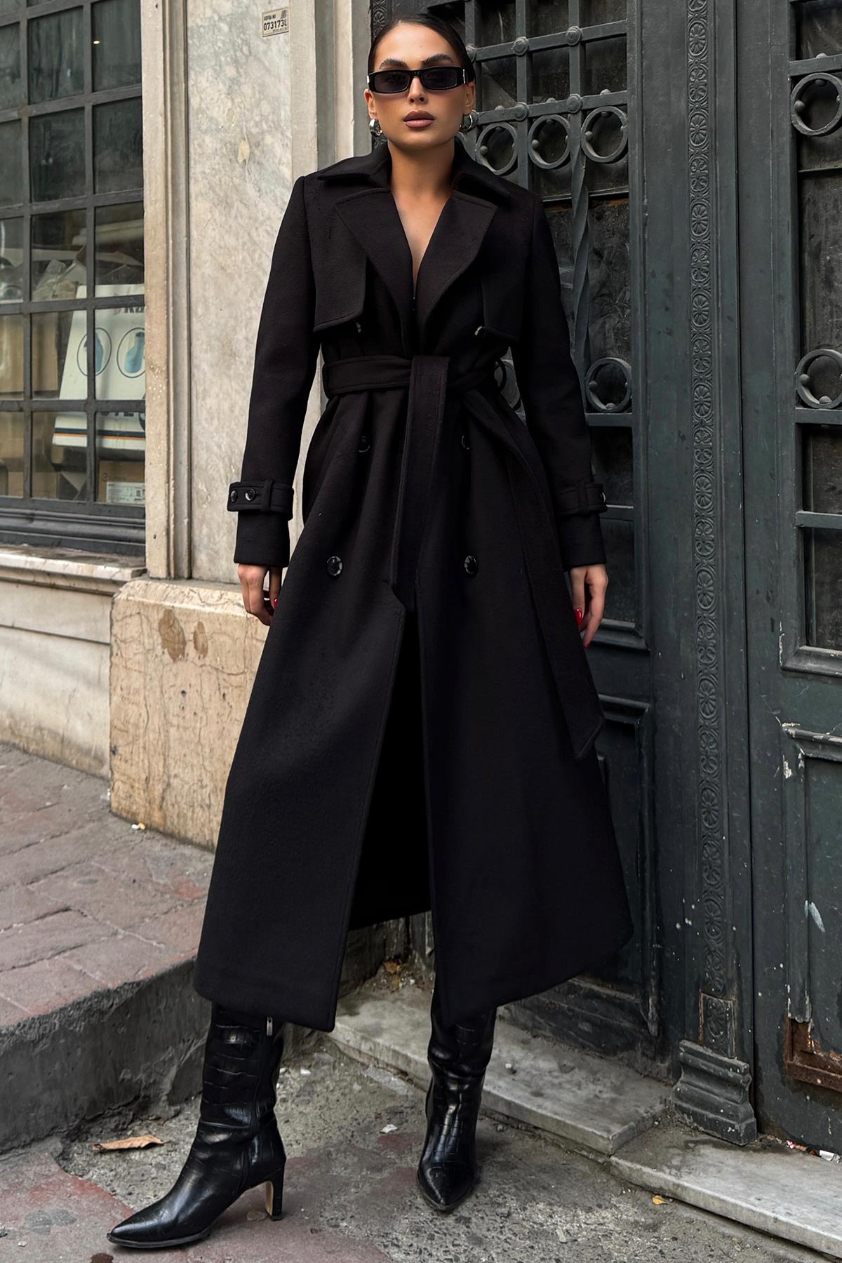 Double-Breasted Coat with Cape Detail BLACK 3091
