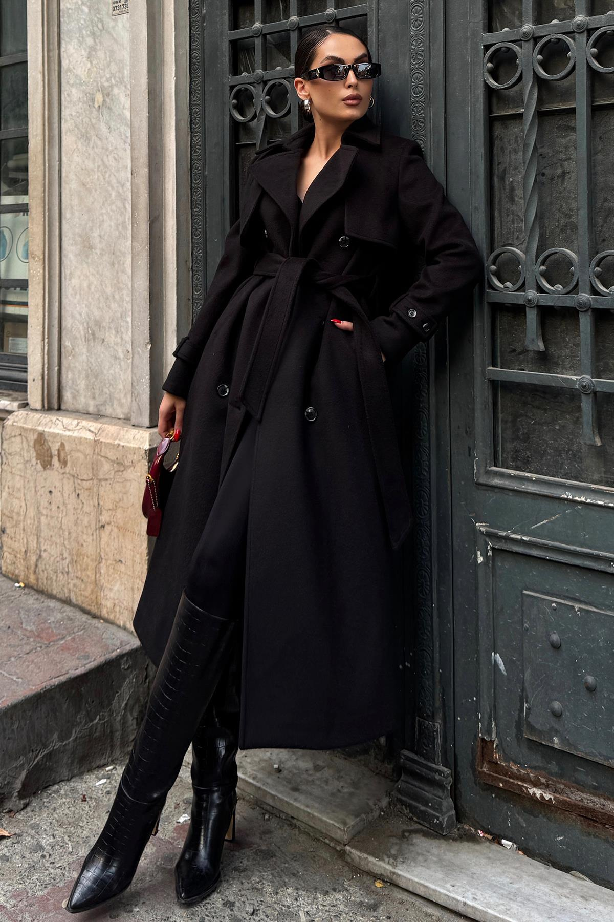Double-Breasted Coat with Cape Detail BLACK 3091