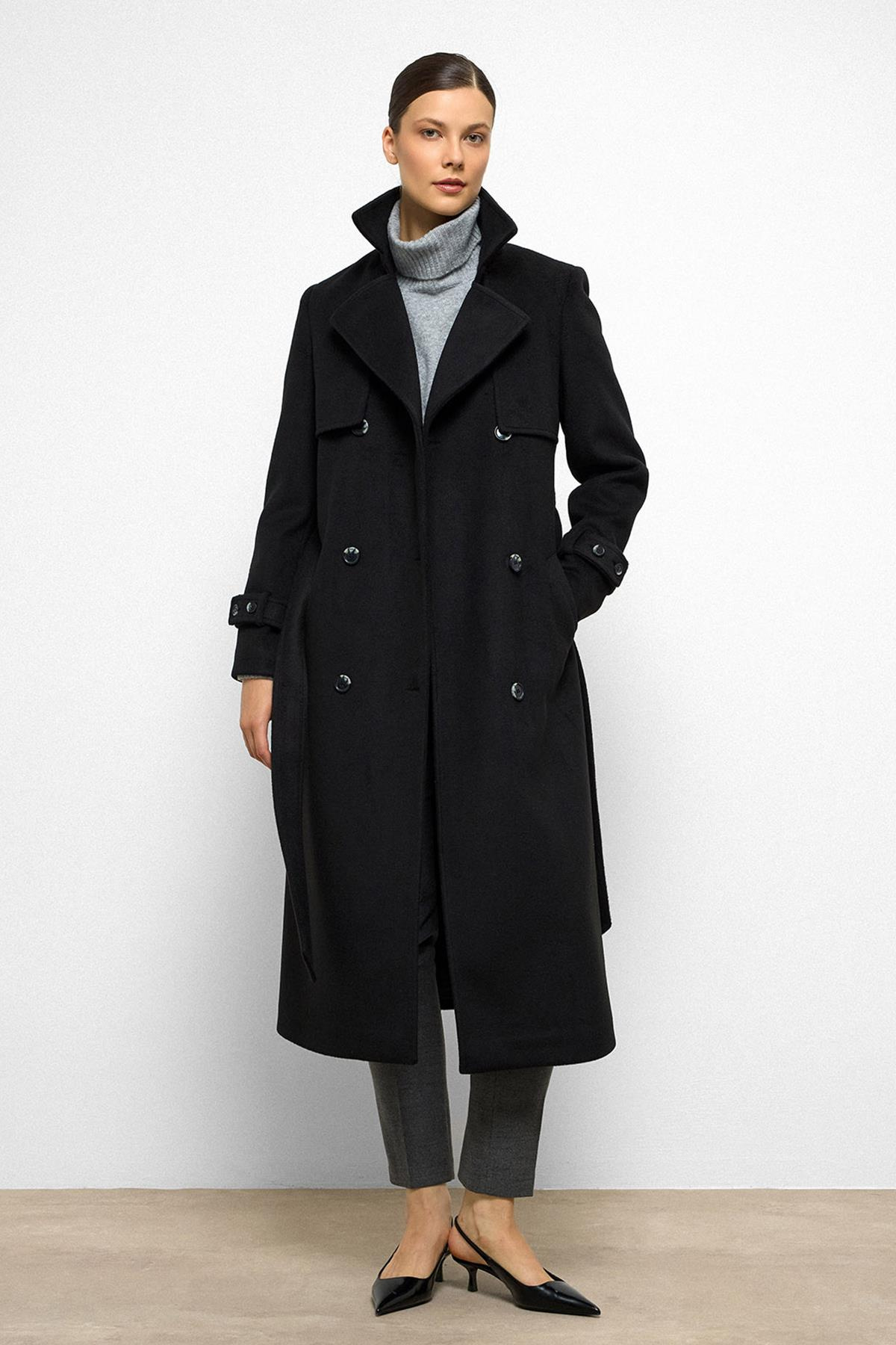 Double-Breasted Coat with Cape Detail BLACK 3091