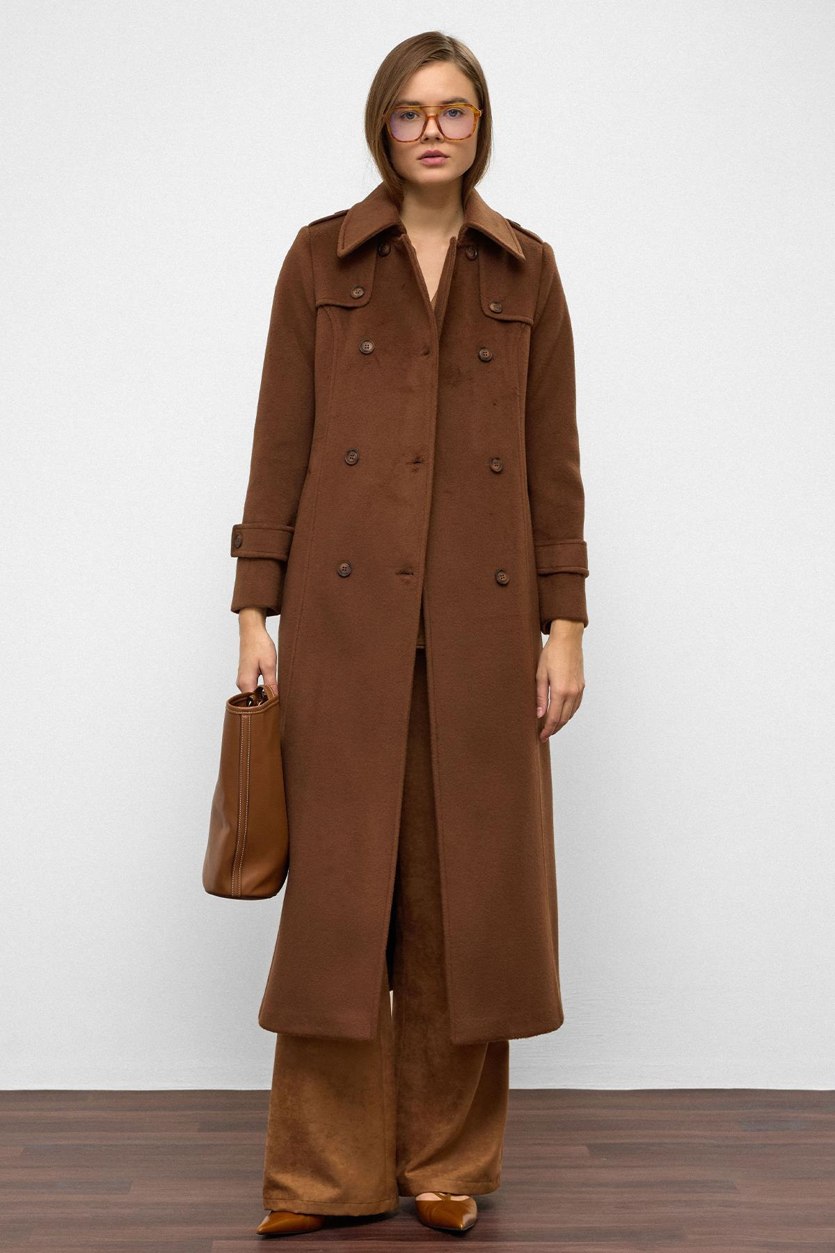 Double-Breasted Long Coat with Cape Detail TOBACCO 3087
