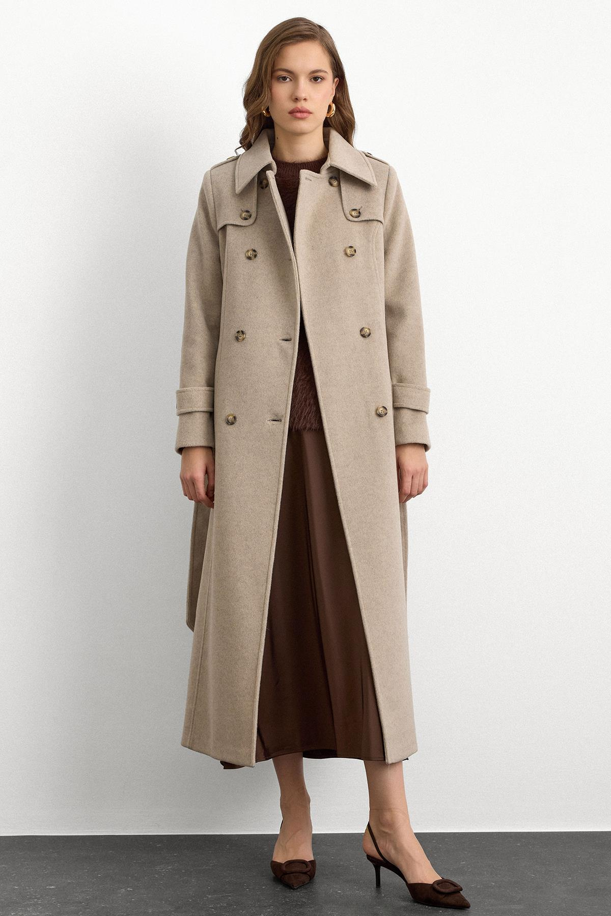 Double-Breasted Long Coat with Cape Detail STONE MELANGE 3087