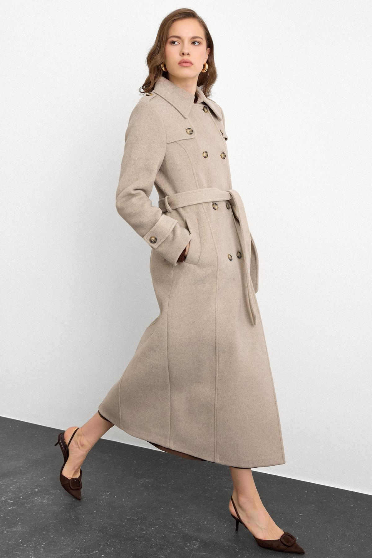 Double-Breasted Long Coat with Cape Detail STONE MELANGE 3087