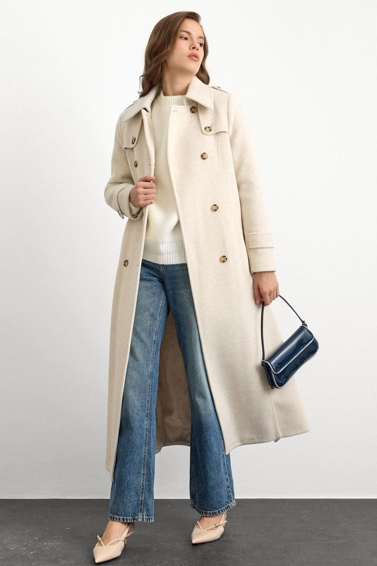 Double-Breasted Long Coat with Cape Detail BEJ MELANJ 3087