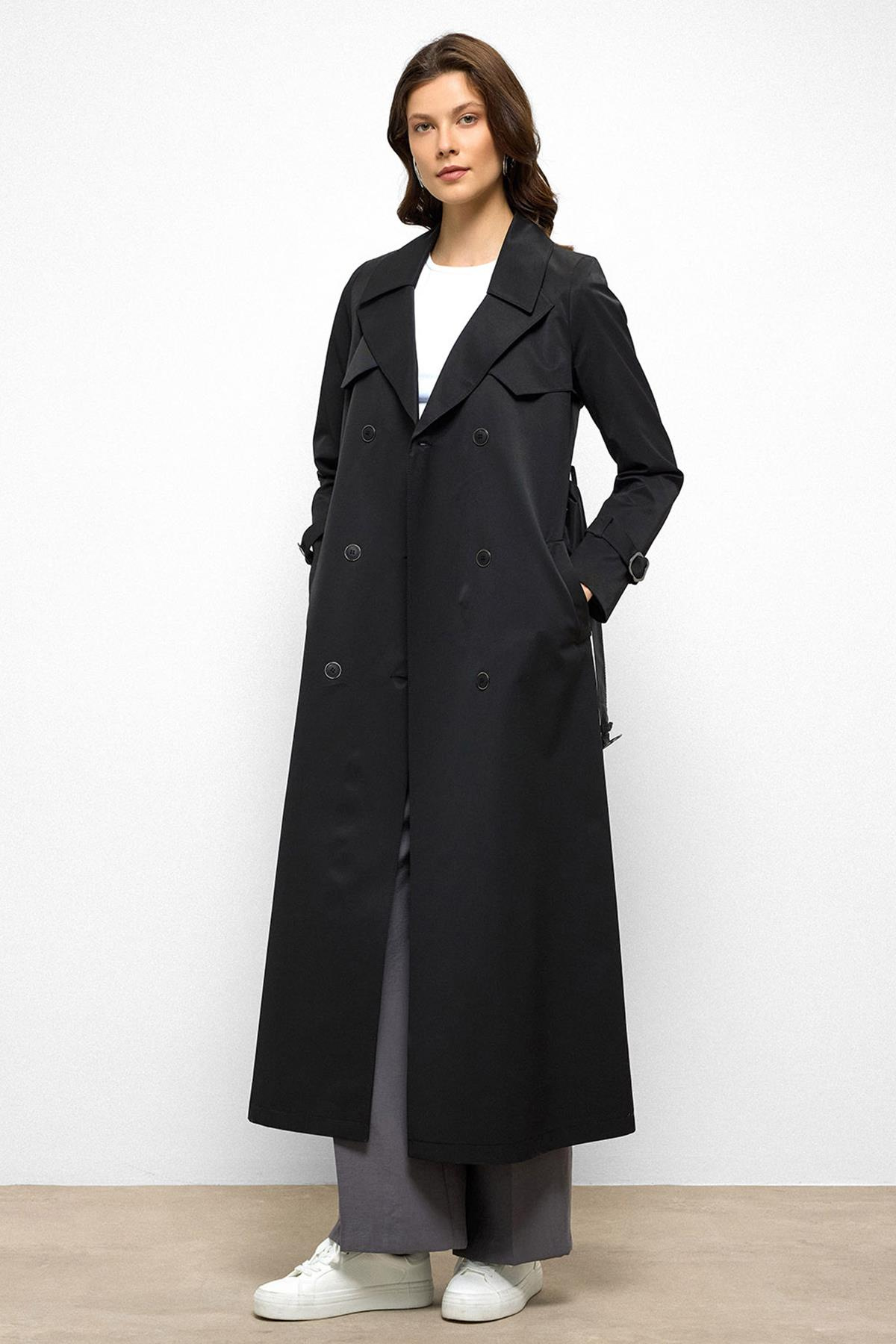 Water-Repellent Double-Breasted Long Trench Coat with Cape Detail BLACK 6761