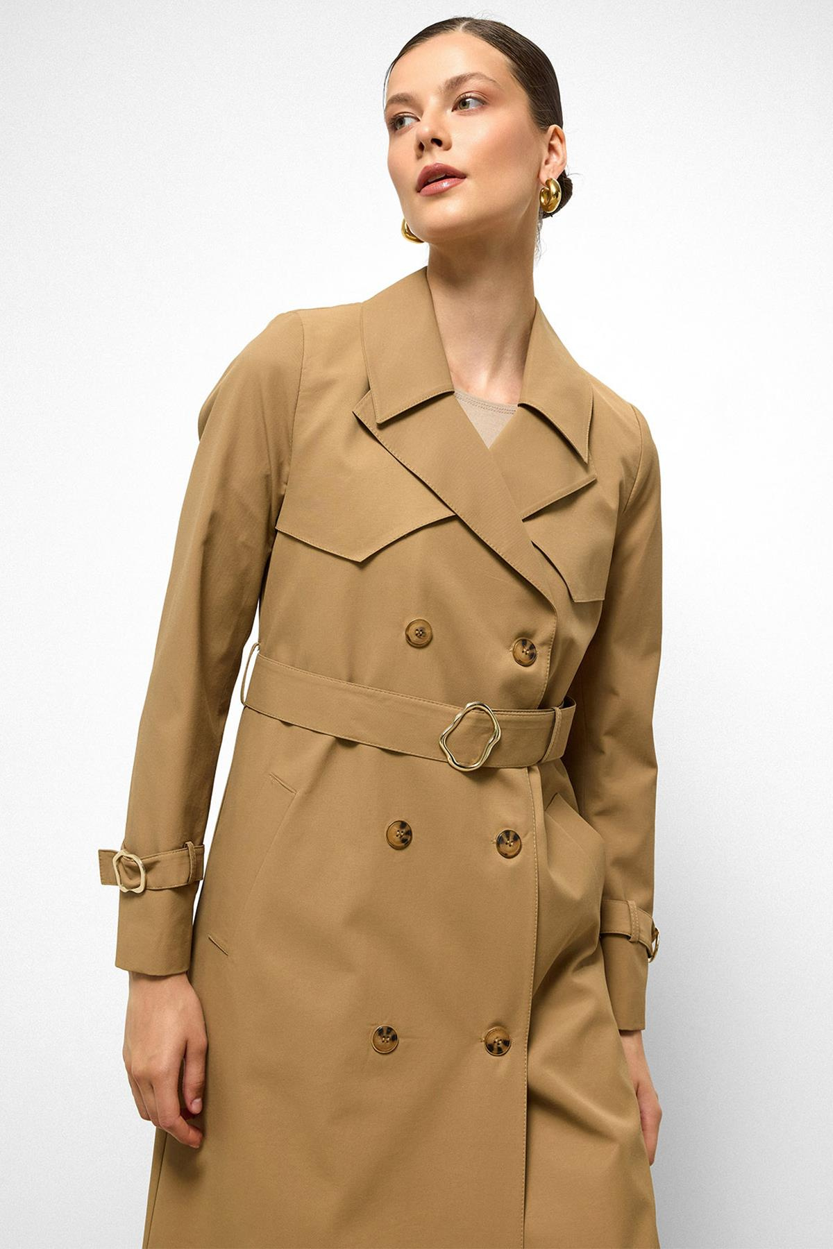 Water-Repellent Double-Breasted Long Trench Coat with Cape Detail CAMEL 6761