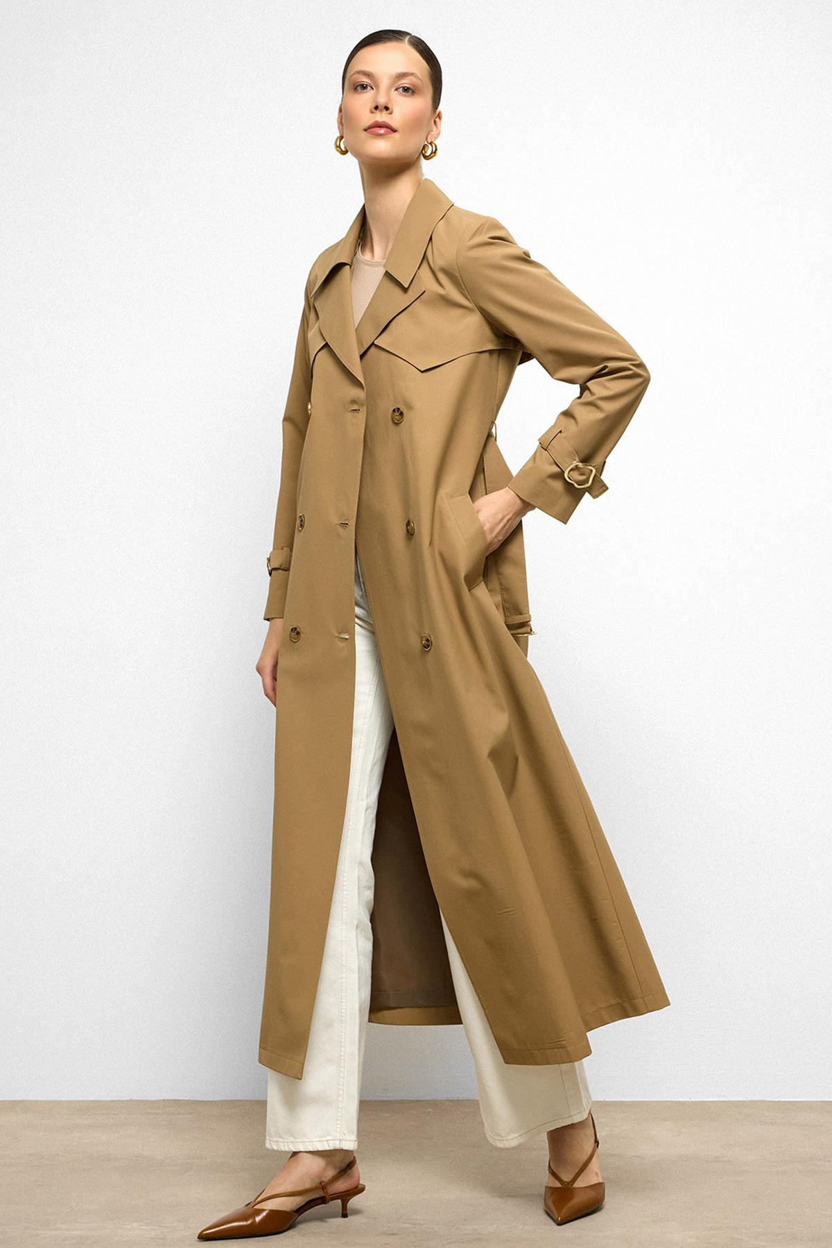 Water-Repellent Double-Breasted Long Trench Coat with Cape Detail CAMEL 6761