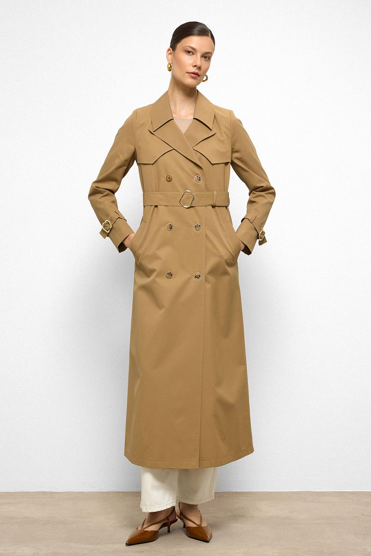 Water-Repellent Double-Breasted Long Trench Coat with Cape Detail CAMEL 6761