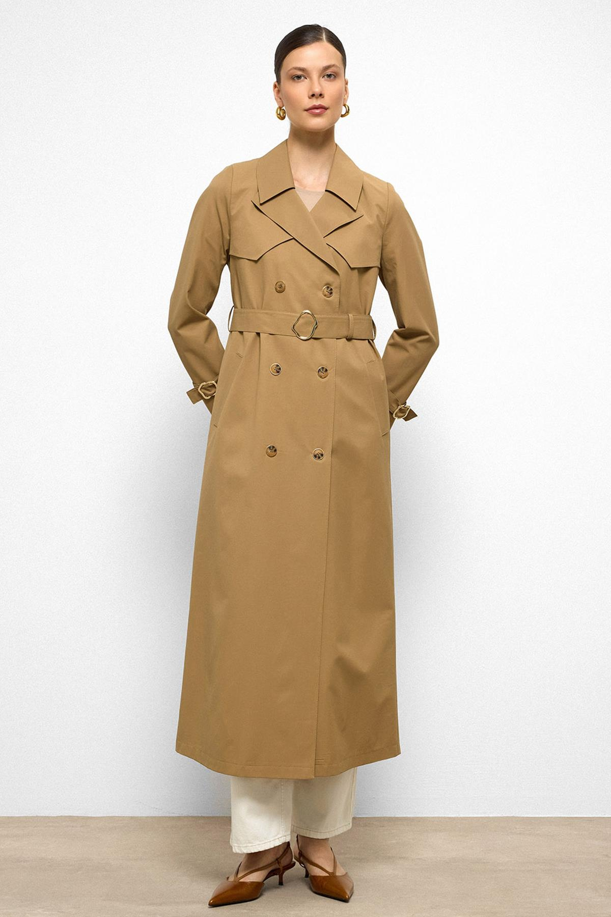 Water-Repellent Double-Breasted Long Trench Coat with Cape Detail CAMEL 6761