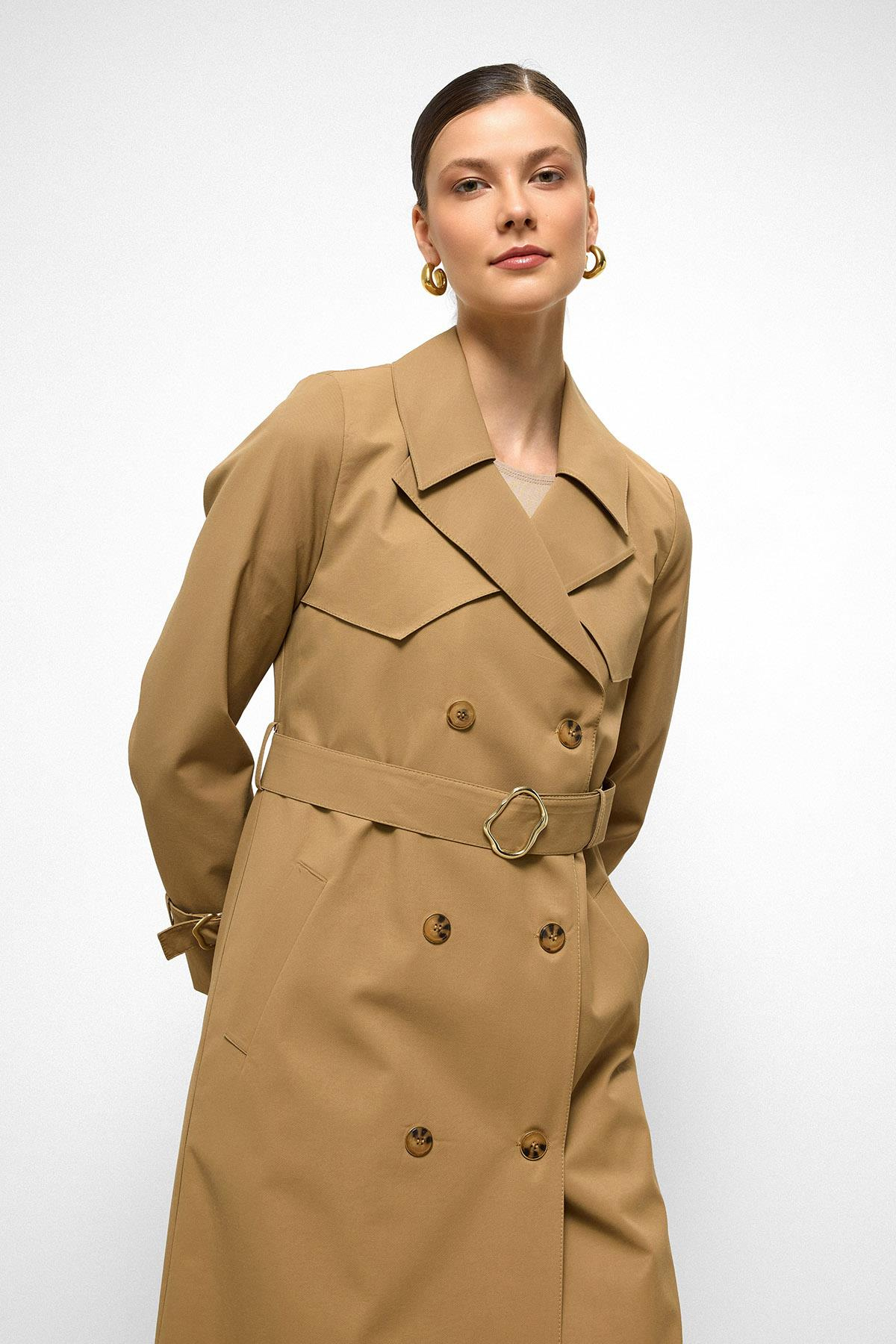 Water-Repellent Double-Breasted Long Trench Coat with Cape Detail CAMEL 6761