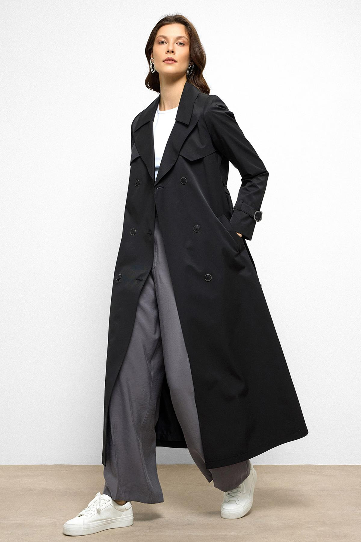 Water-Repellent Double-Breasted Long Trench Coat with Cape Detail BLACK 6761