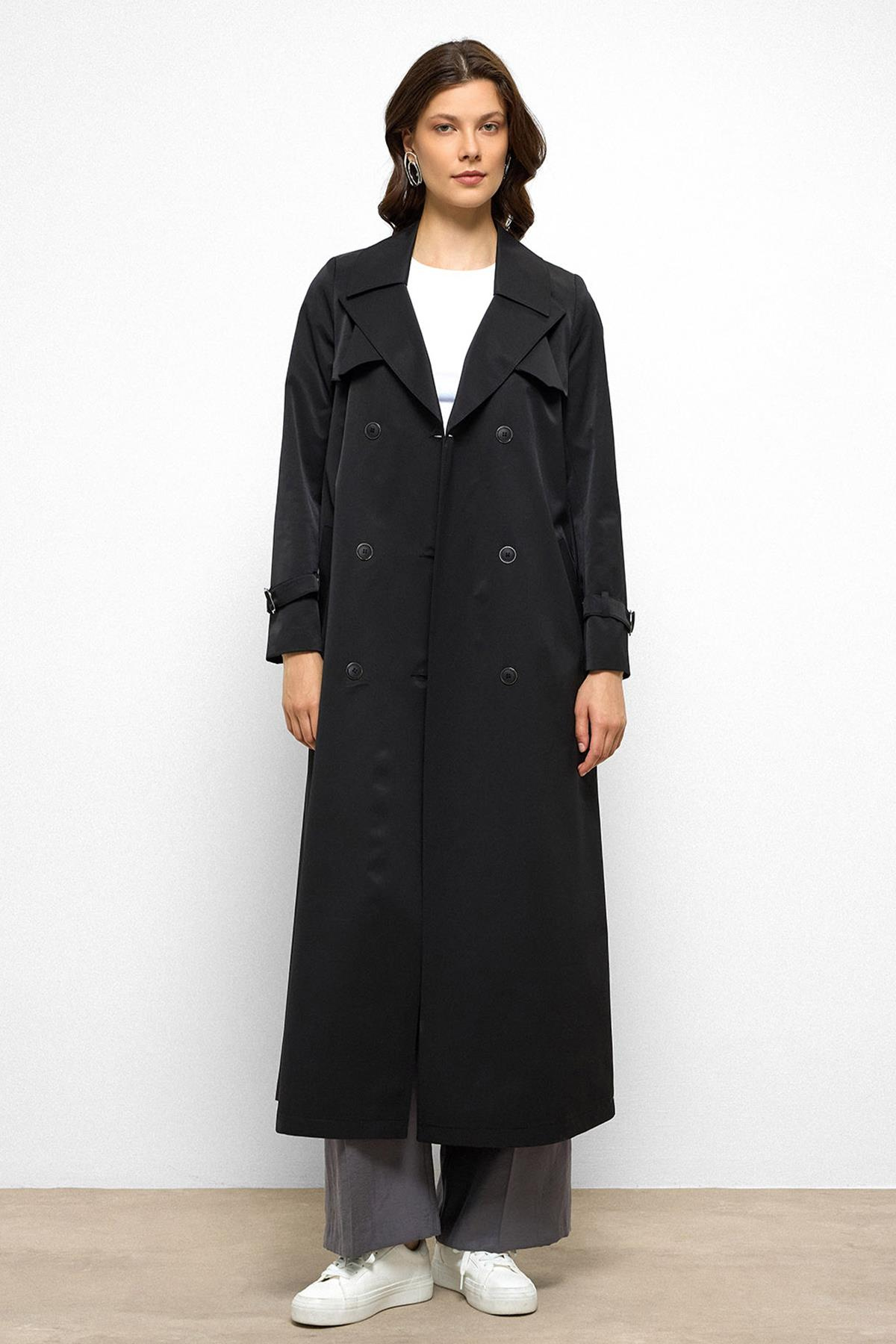 Water-Repellent Double-Breasted Long Trench Coat with Cape Detail BLACK 6761