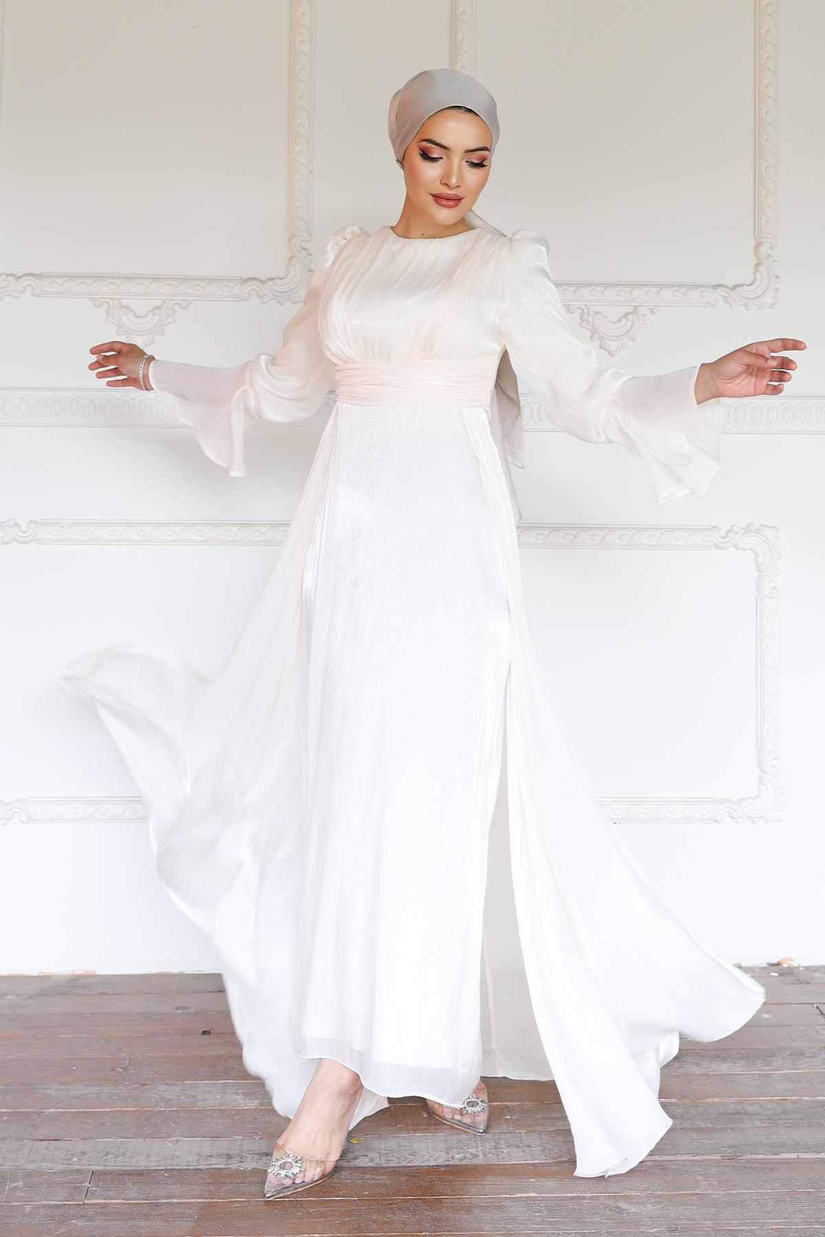 Yoryo Silk Hijab Evening Dress with Cape Skirt IVORY 1235