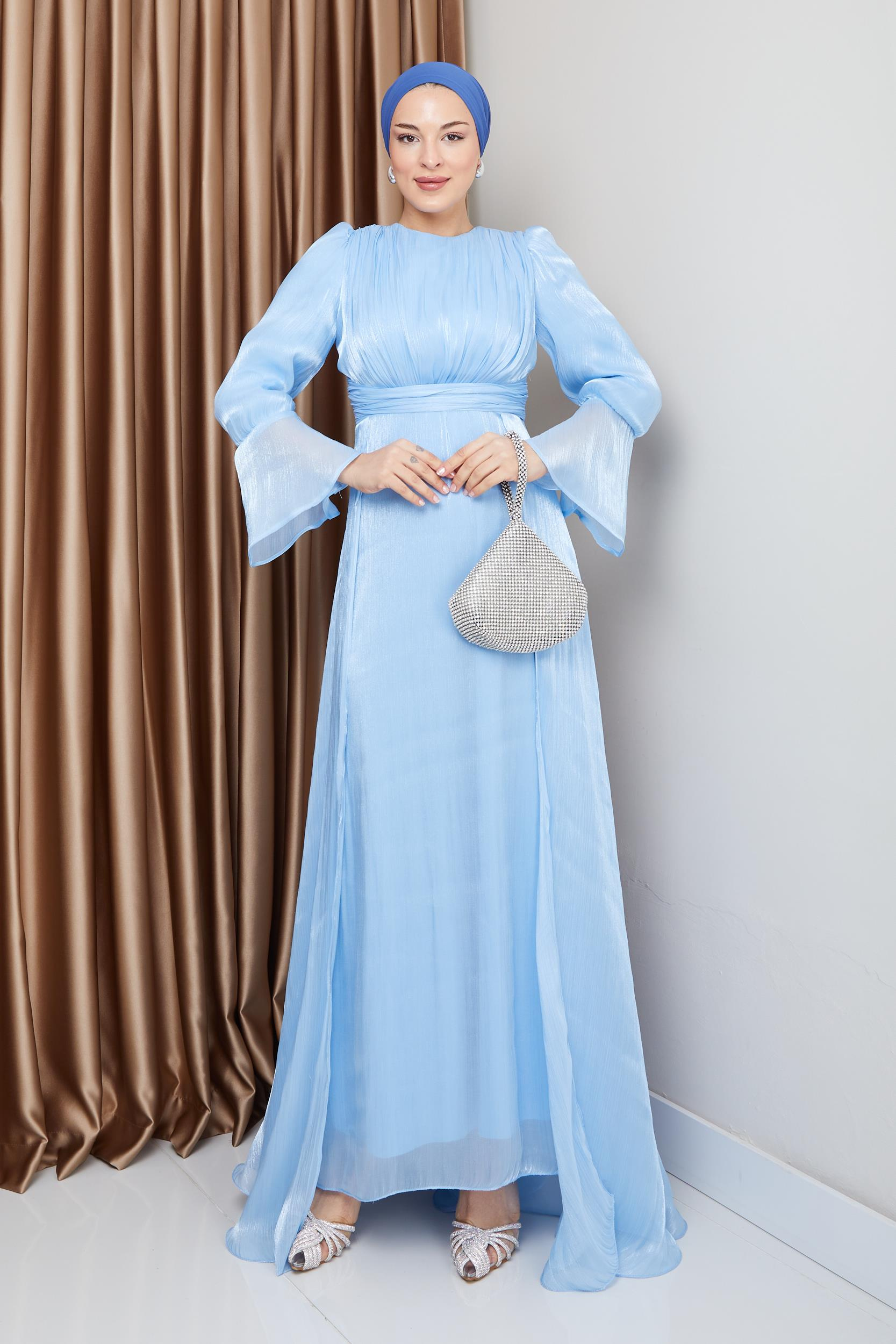 Yoryo Silk Hijab Evening Dress with Cape Skirt LIGHT BLUE 1235