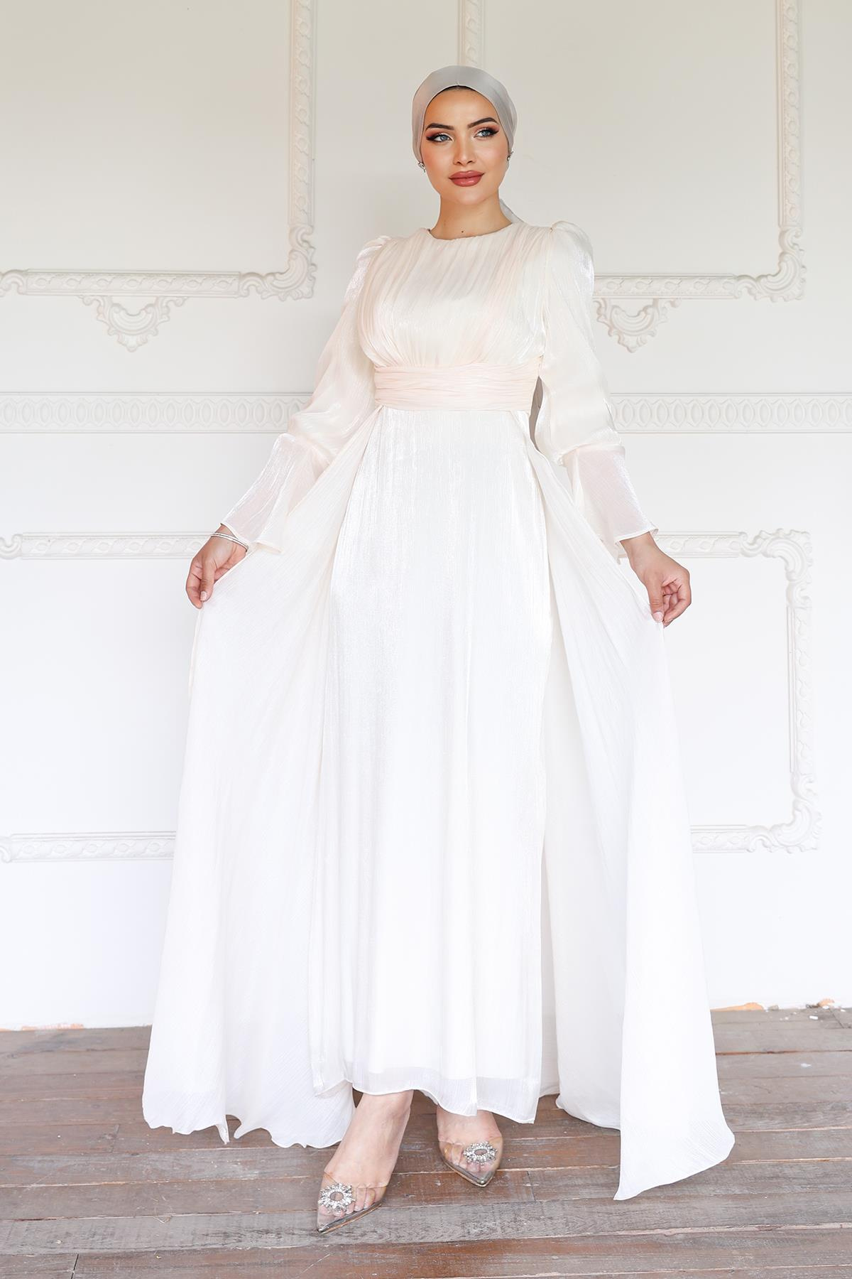 Yoryo Silk Hijab Evening Dress with Cape Skirt IVORY 1235