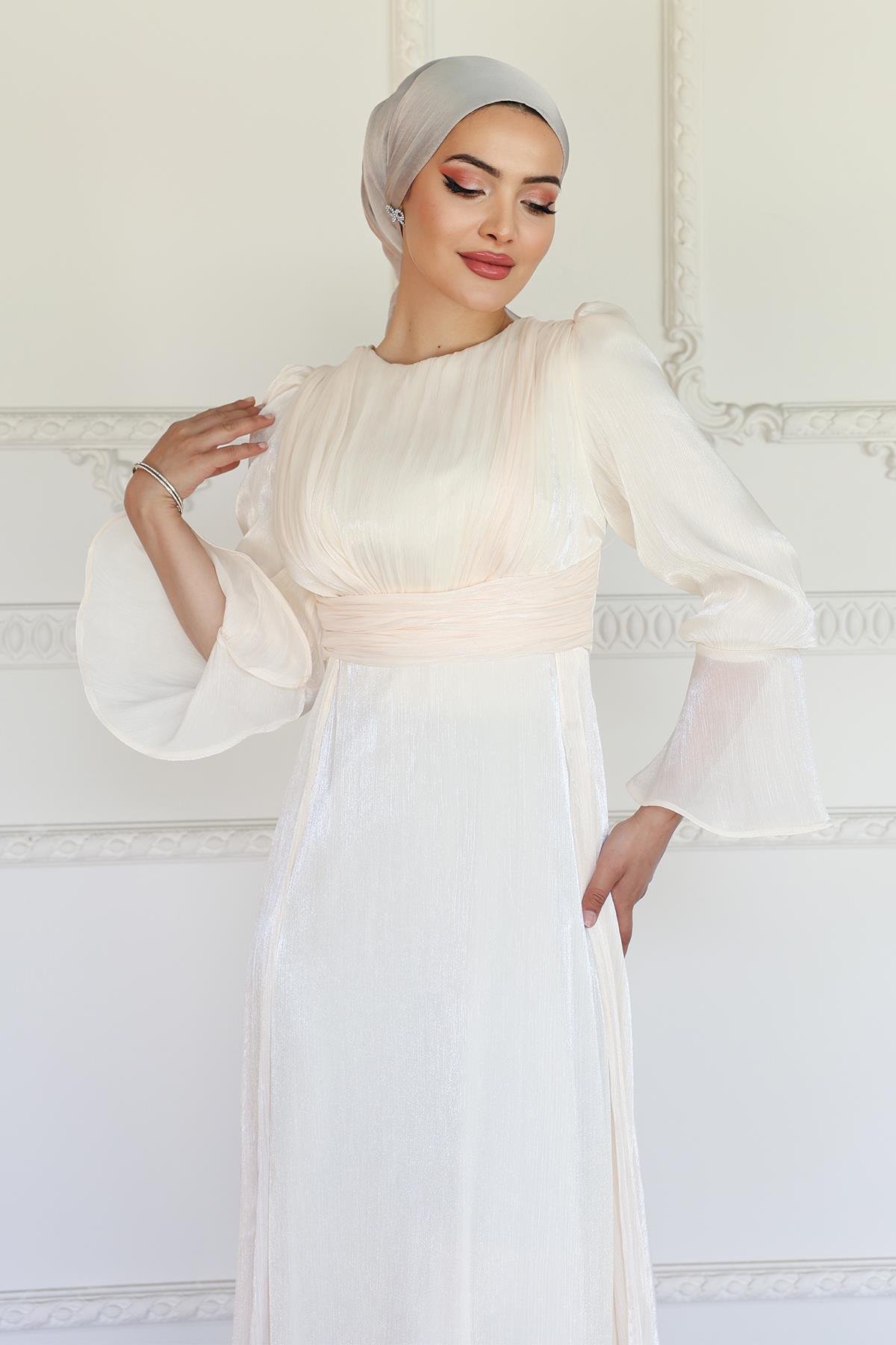 Yoryo Silk Hijab Evening Dress with Cape Skirt IVORY 1235