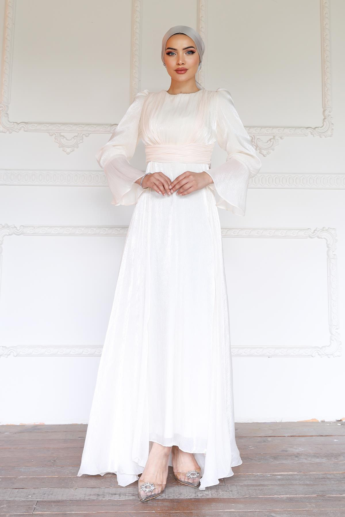 Yoryo Silk Hijab Evening Dress with Cape Skirt IVORY 1235