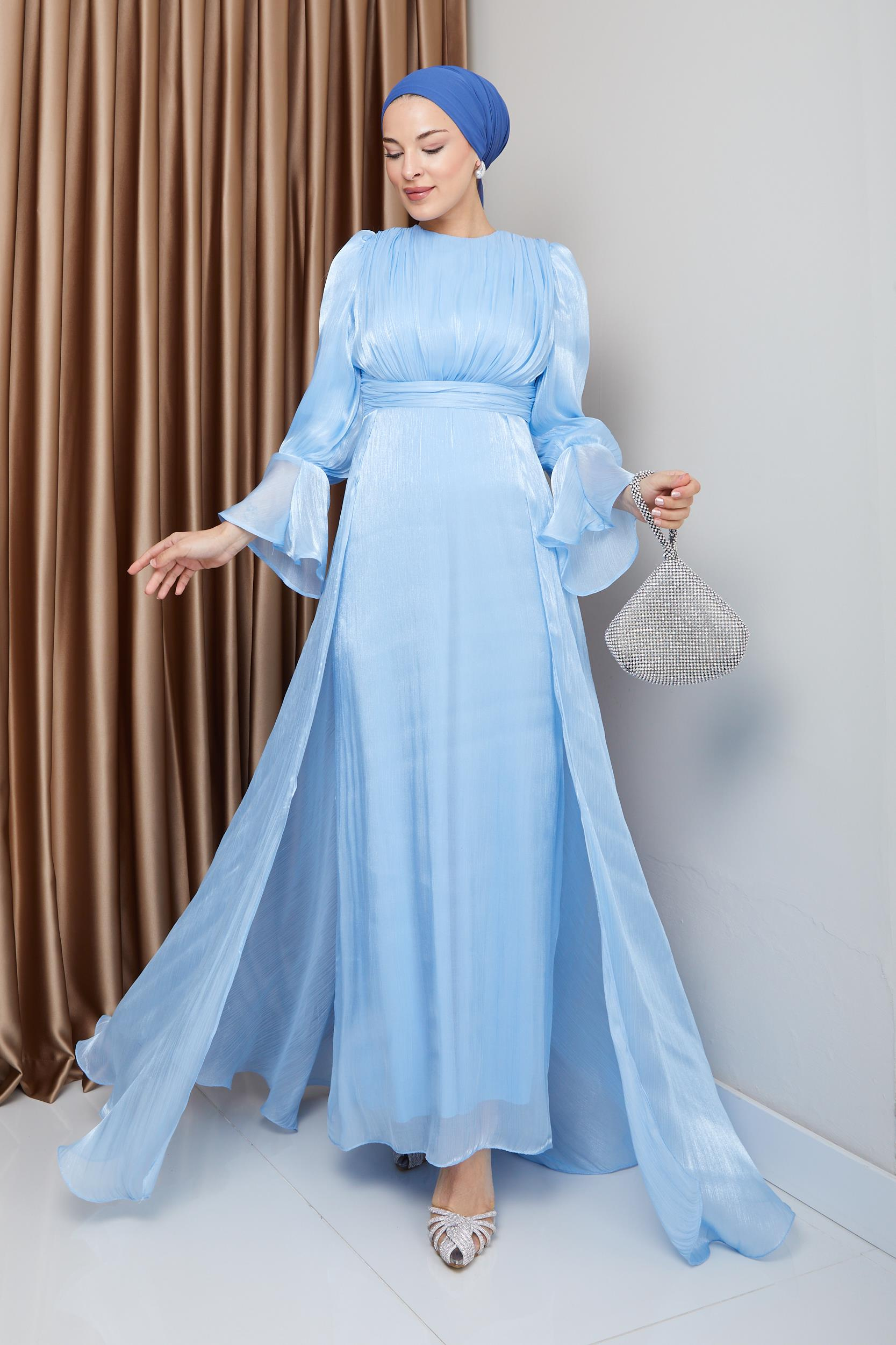 Yoryo Silk Hijab Evening Dress with Cape Skirt LIGHT BLUE 1235