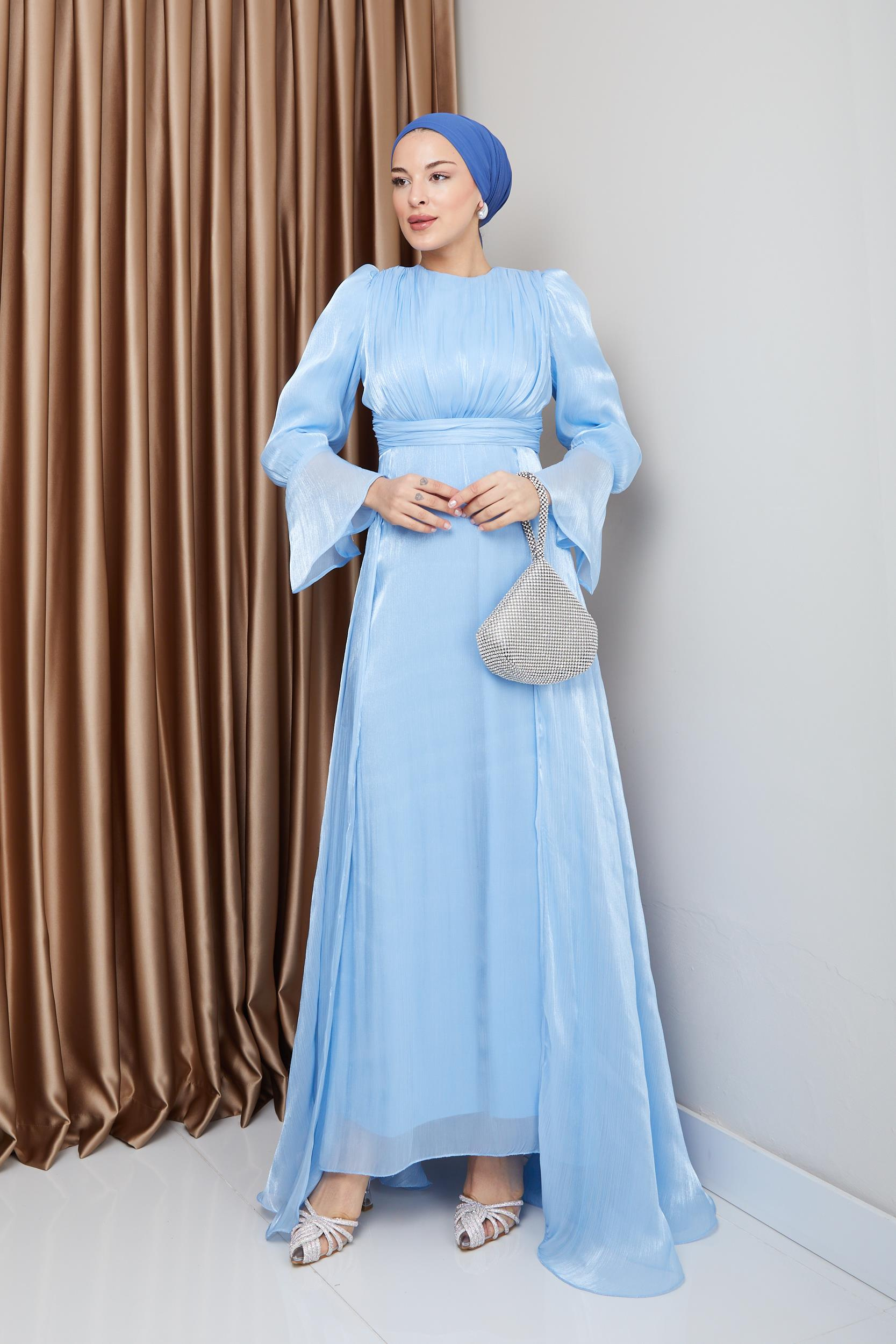 Yoryo Silk Hijab Evening Dress with Cape Skirt LIGHT BLUE 1235