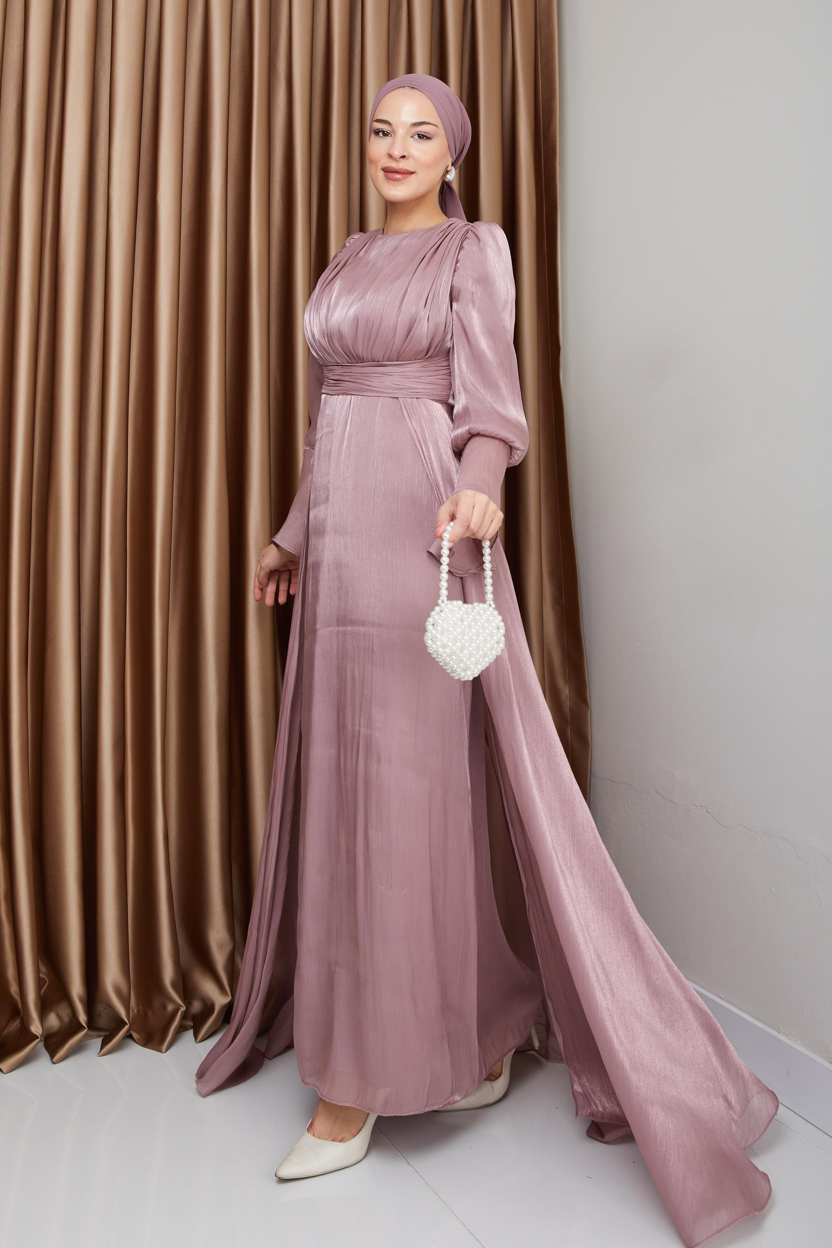 Yoryo Silk Hijab Evening Dress with Cape Skirt ROSE 1235
