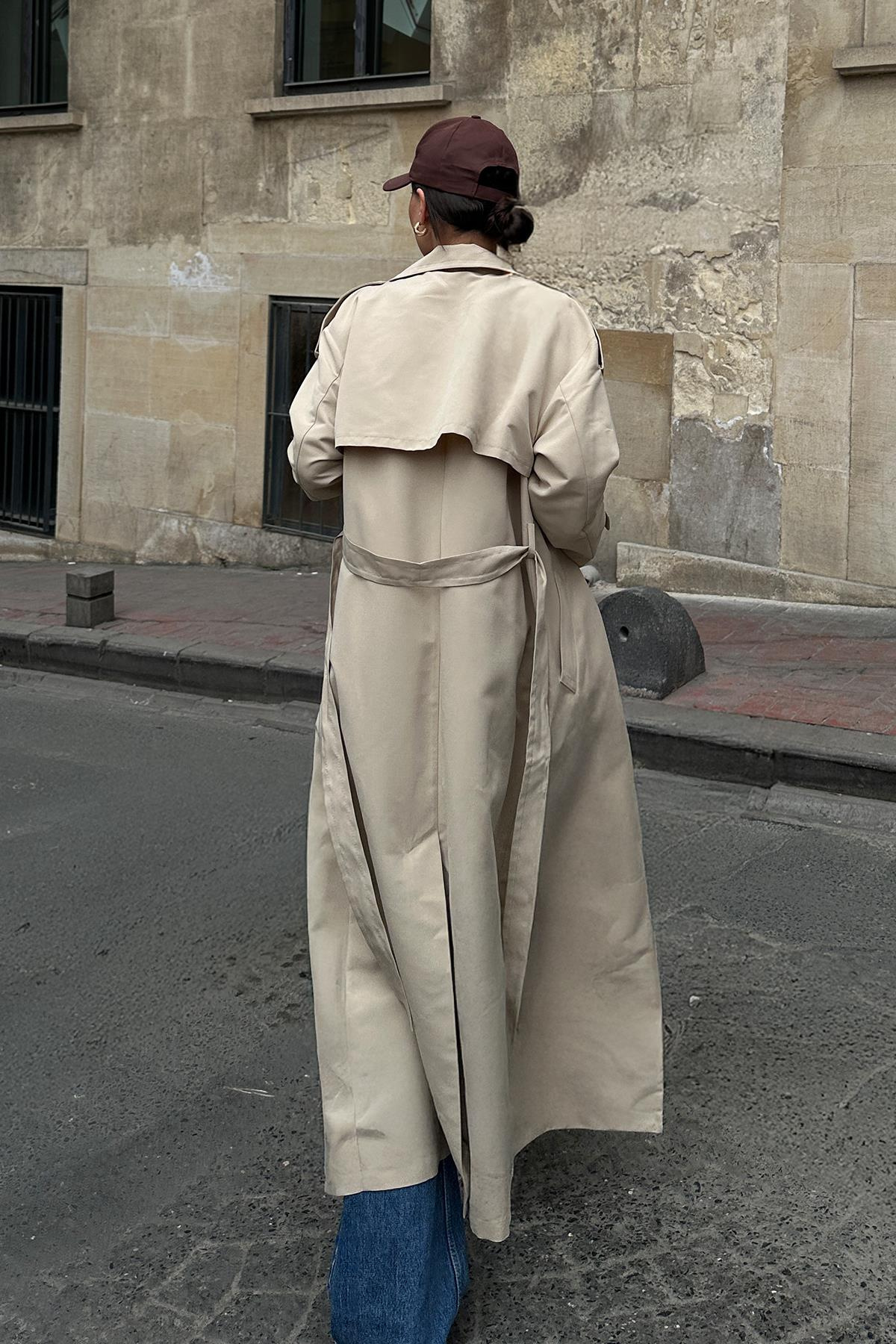 Unlined Oversize Trench Coat with Cape and Epaulette Detail IVORY 6696