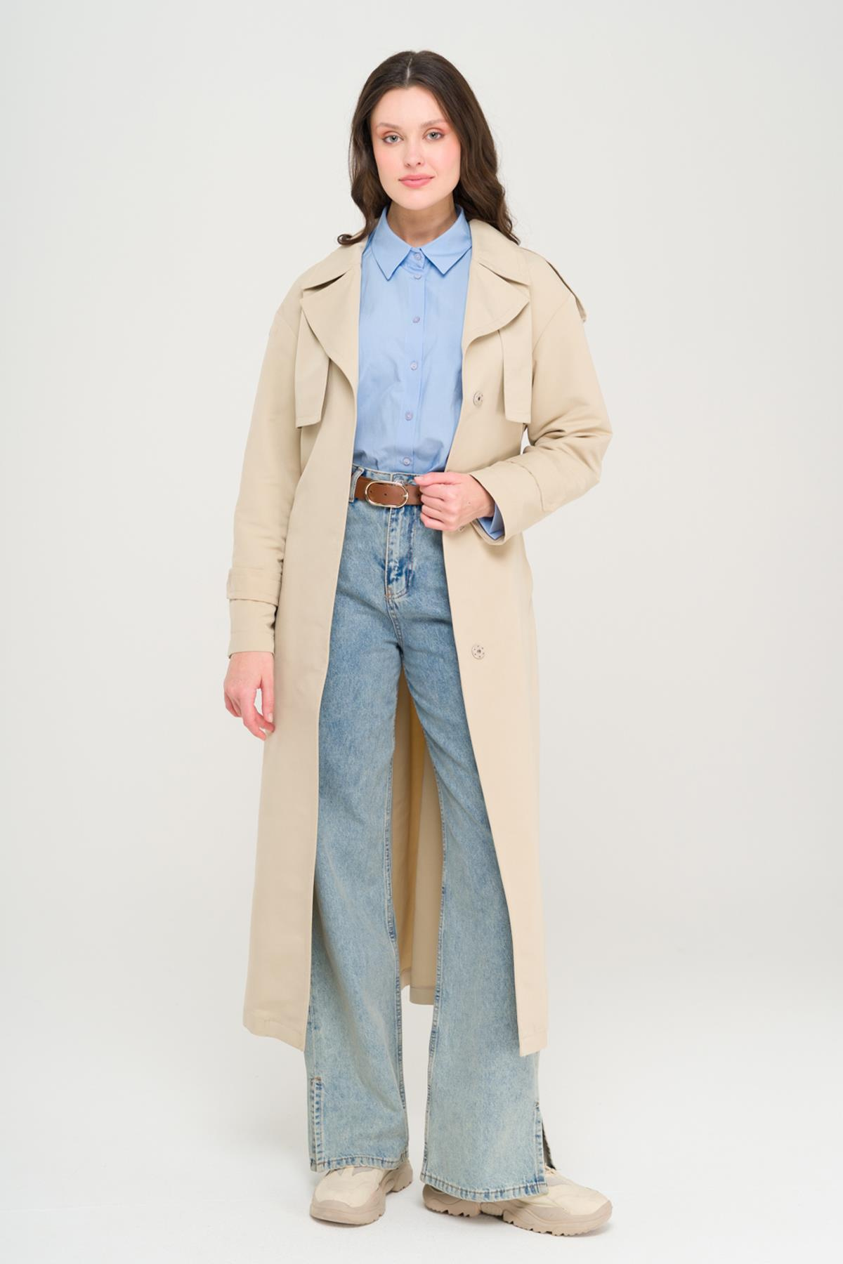 Unlined Oversize Trench Coat with Cape and Epaulette Detail IVORY 6696