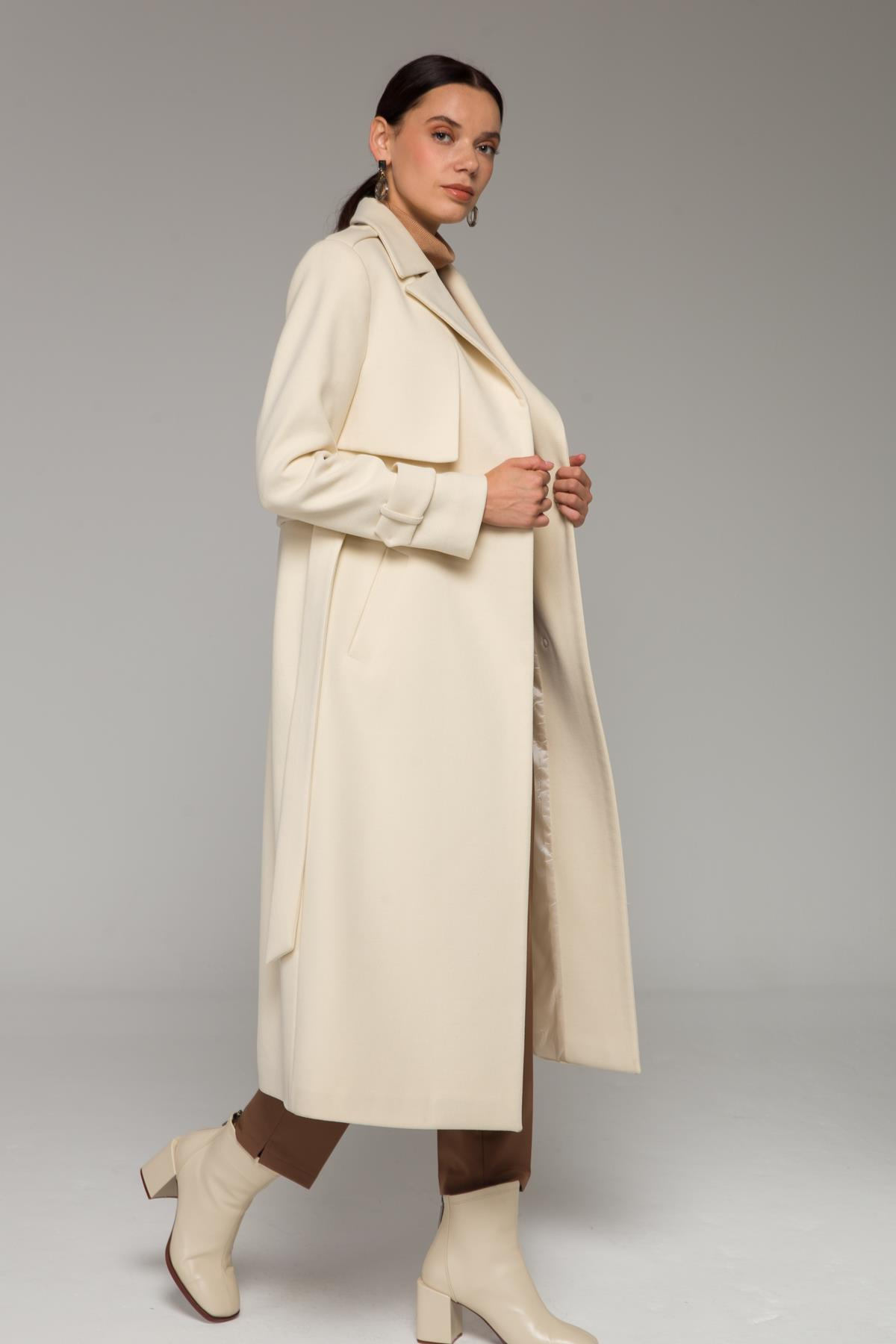 Mid-Length Coat with Cape and Epaulette Detail and Snap Closure IVORY 3771