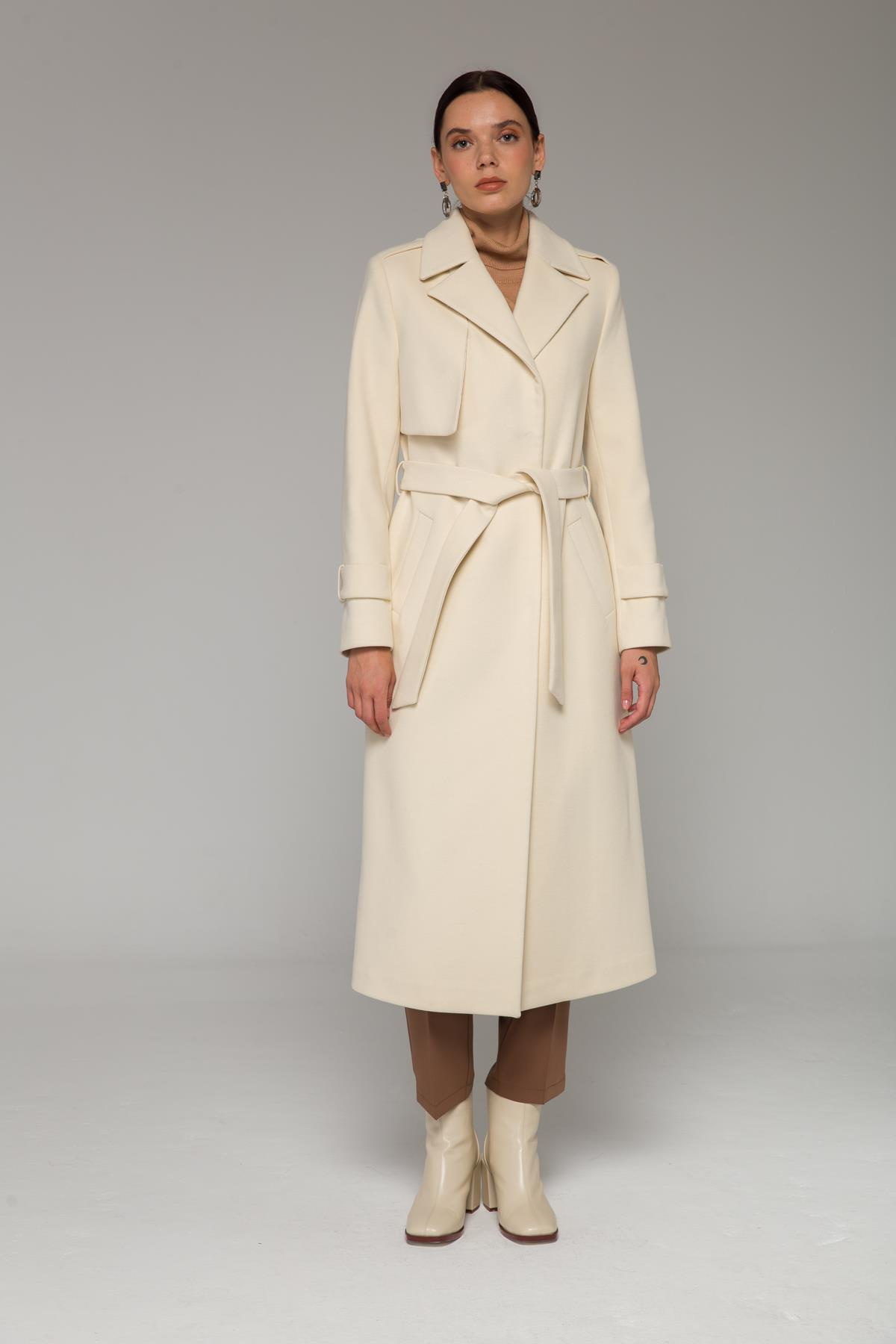 Mid-Length Coat with Cape and Epaulette Detail and Snap Closure IVORY 3771