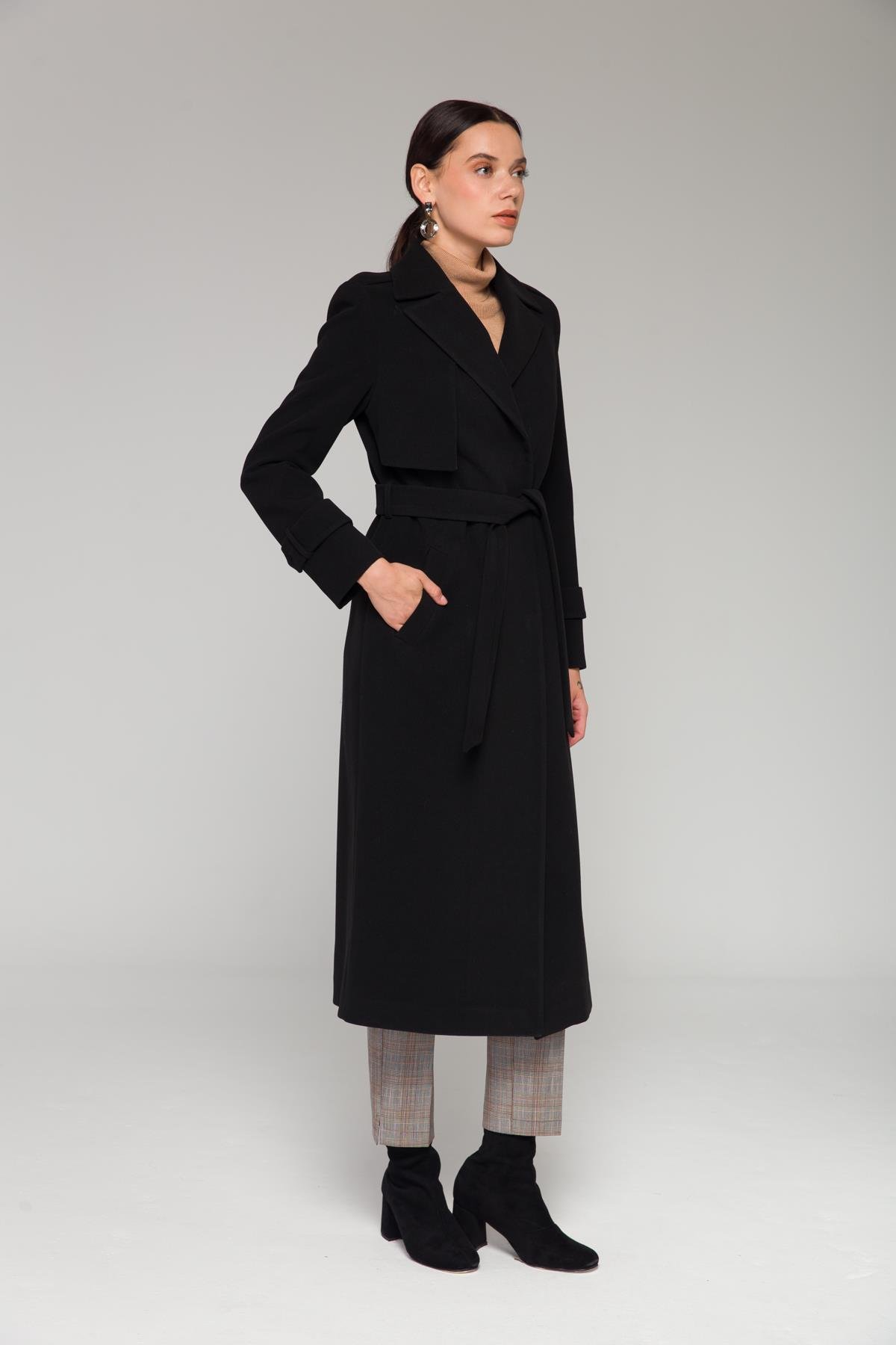 Mid-Length Coat with Cape and Epaulette Detail and Snap Closure BLACK 3771