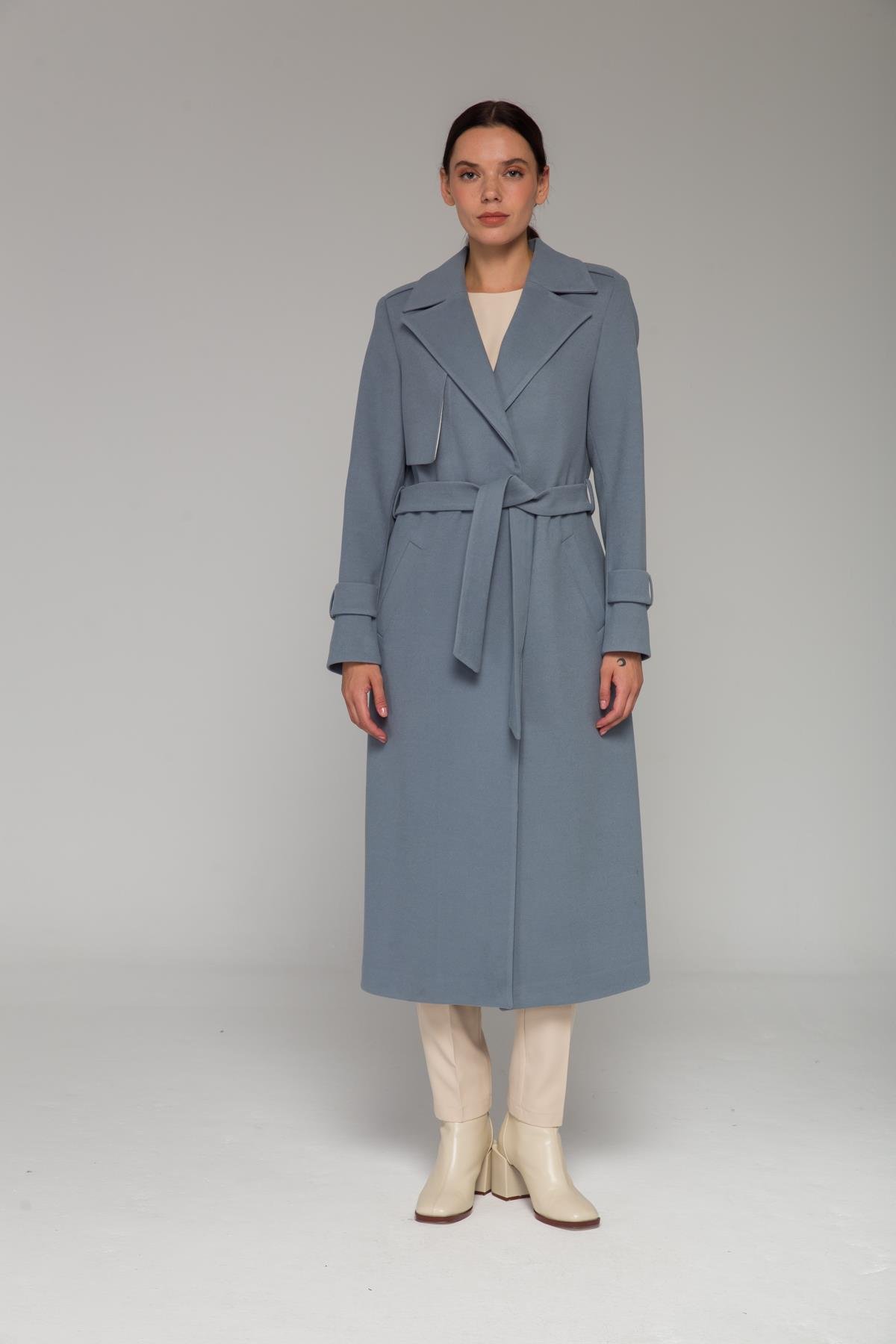 Mid-Length Coat with Cape and Epaulette Detail and Snap Closure BLUE 3771