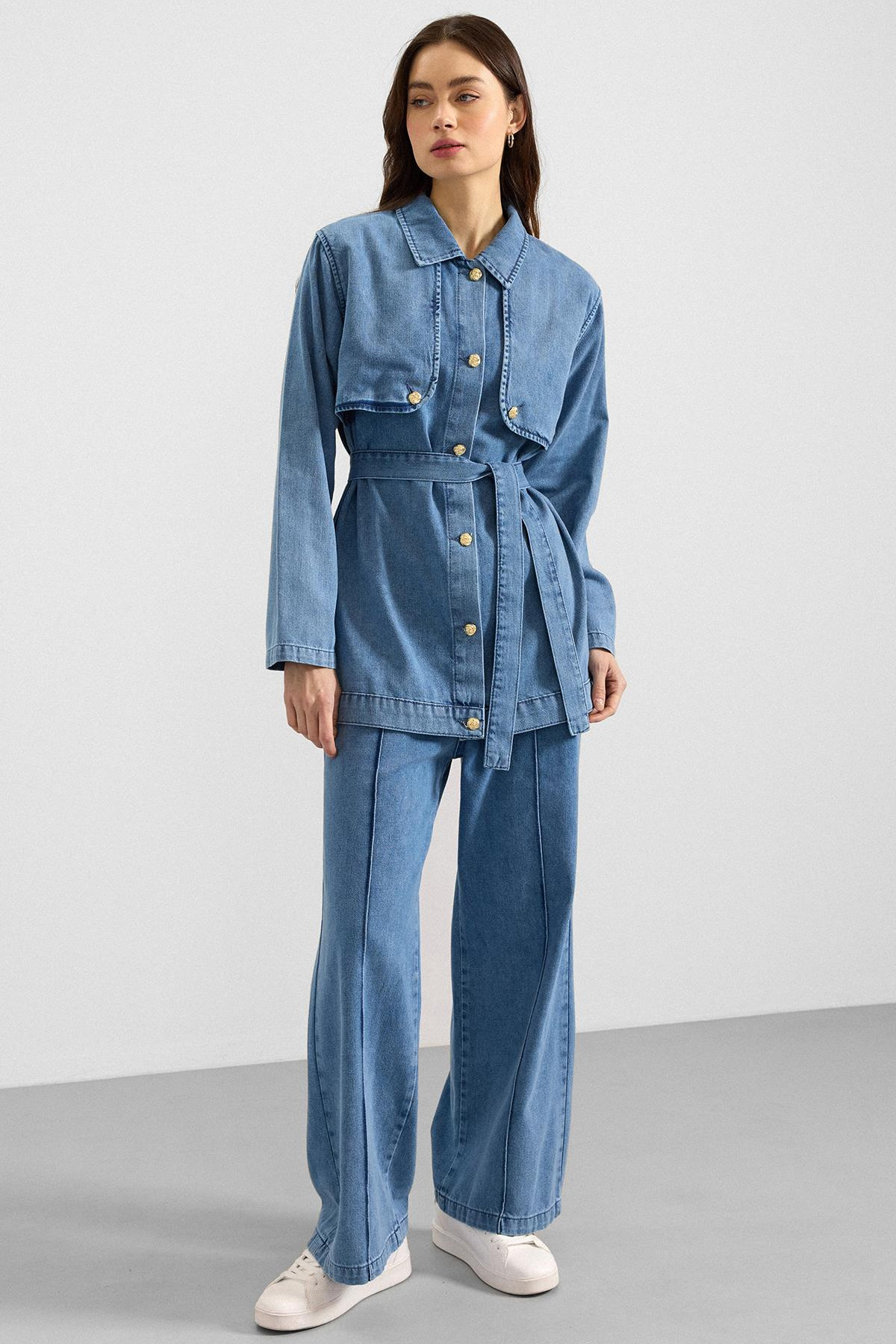 Pelerin ve Metal Düğmeli Ceket Pantolon Denim İkili Takım MAVİ 9393-TK