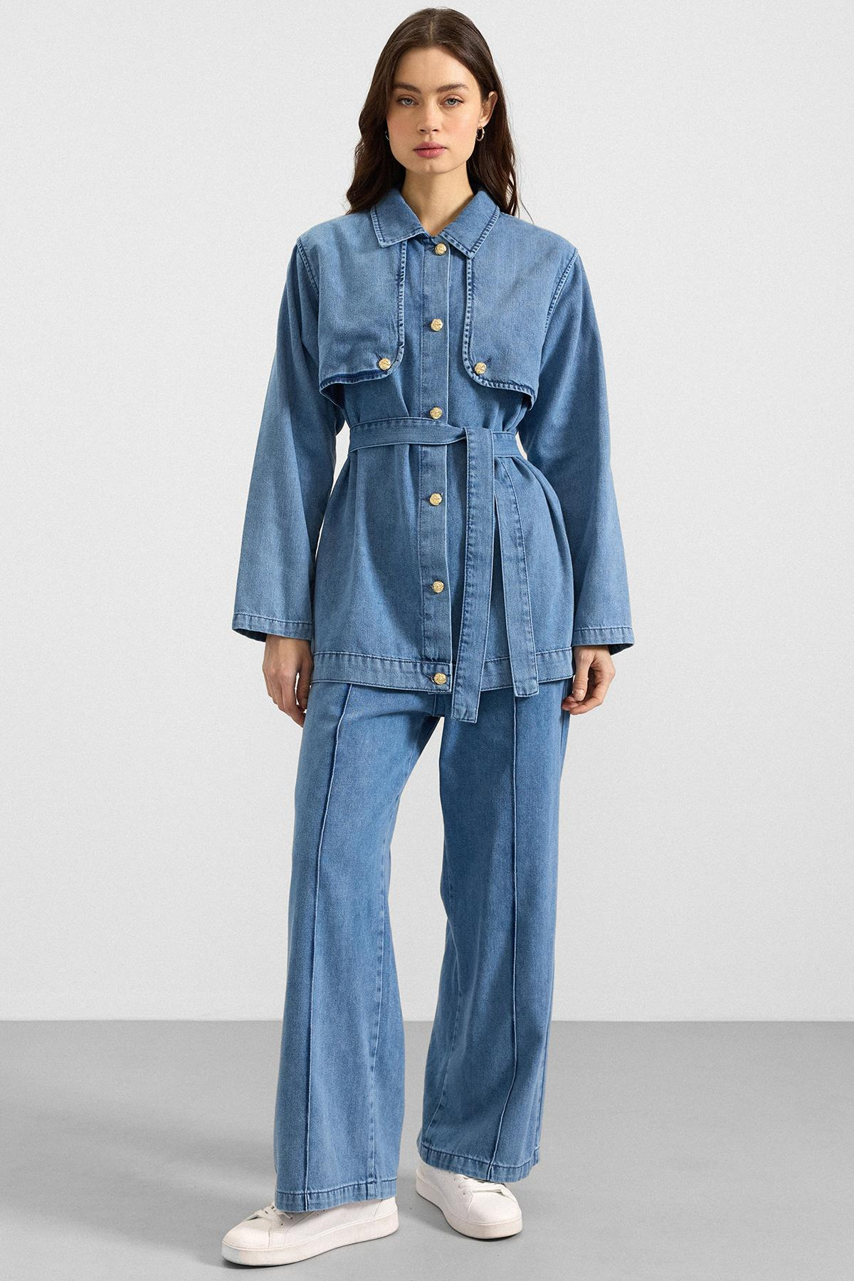 Pelerin ve Metal Düğmeli Ceket Pantolon Denim İkili Takım MAVİ 9393-TK